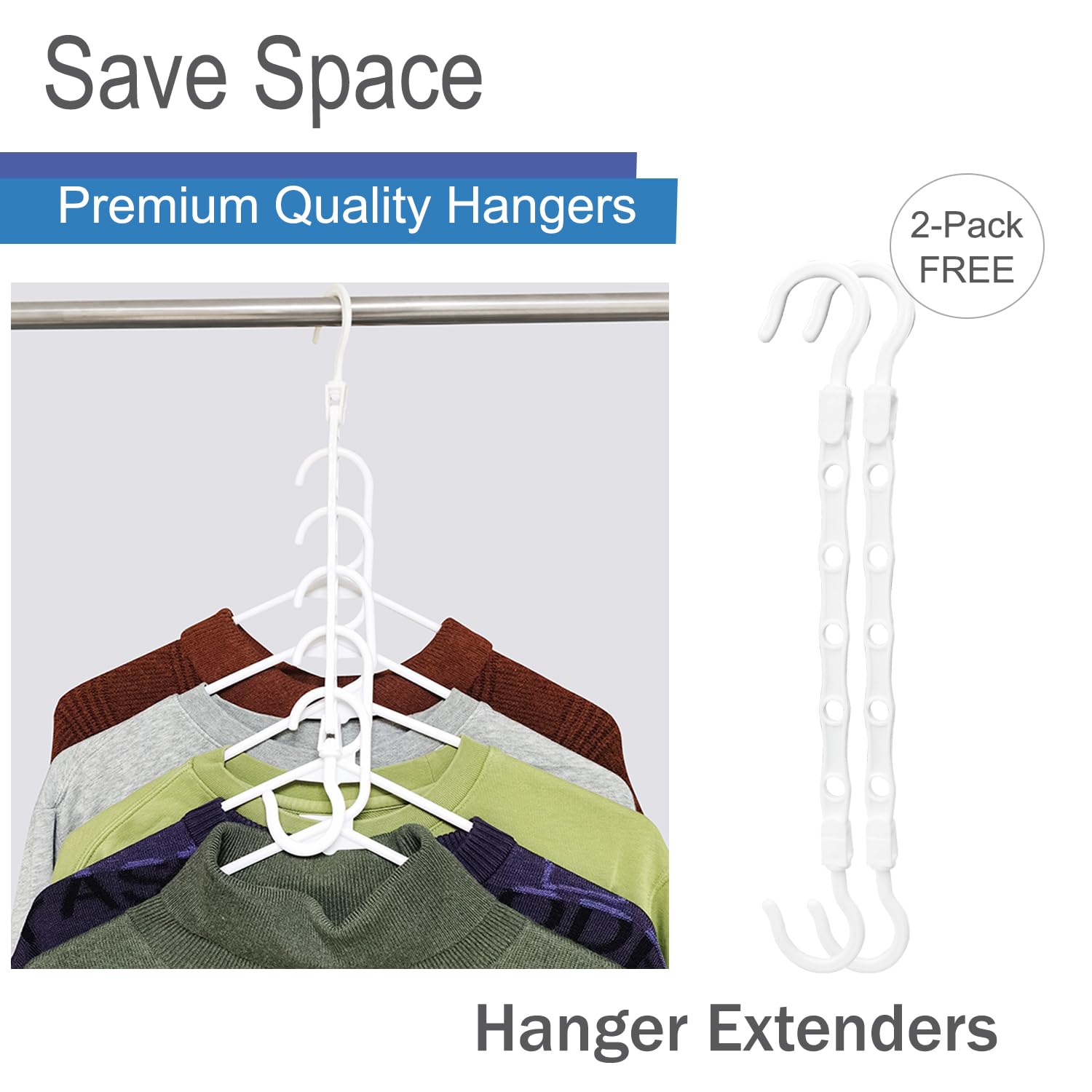 50 Pack White Space Saving Collapsible Plastic Hangers with Cascading Hooks - Magic Extenders for Shirts, Coats, Pants, Dresses & Skirts - Closet Storage Organizer Rack for Everyday Use - Perfect for Small Spaces & Travel
