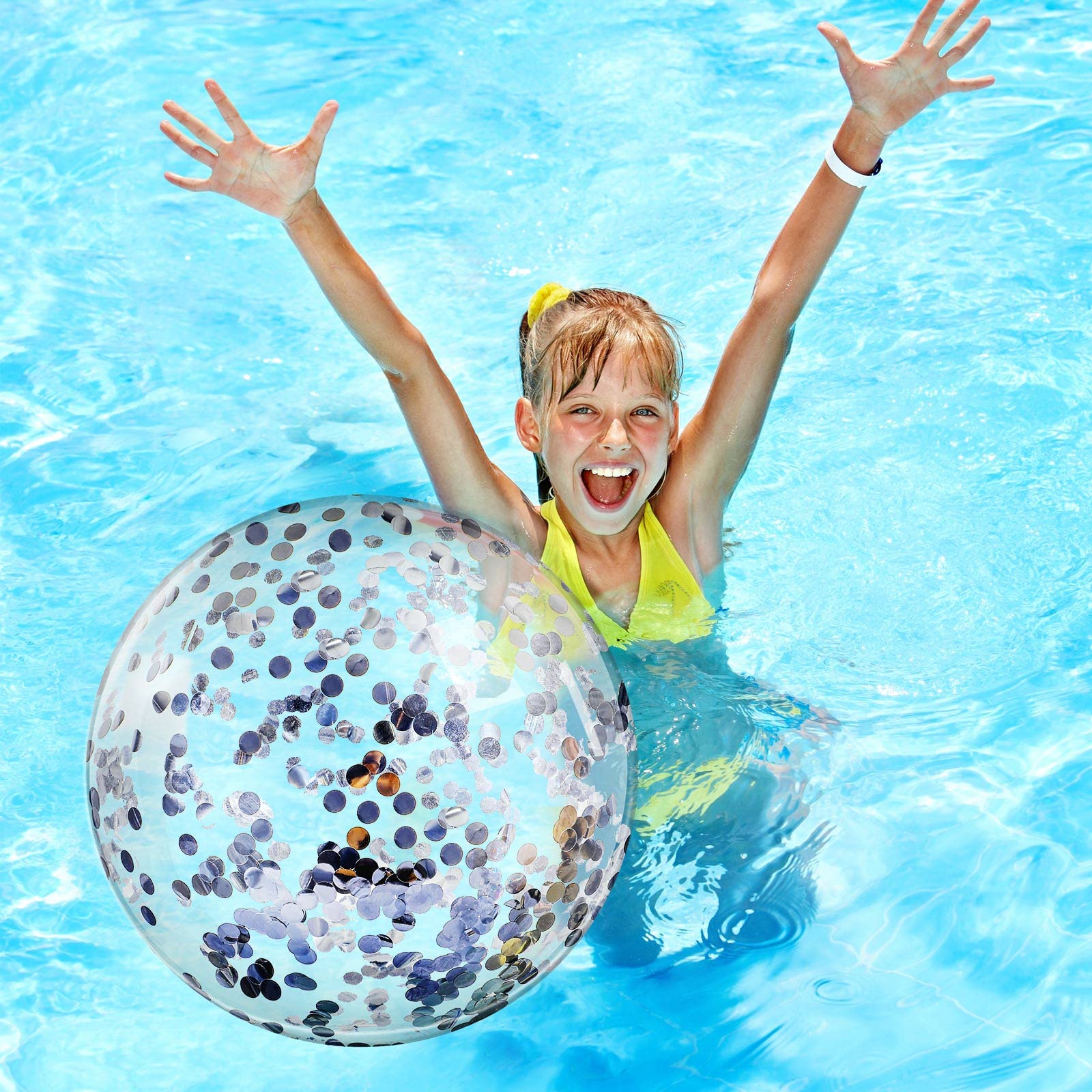 6-Pack 16-Inch Inflatable Glitter Beach Balls with Confetti - Silver Round Pool Party Decorations for Summer, Birthday, Christmas & Outdoor Events | Perfect for Beach Parties, Poolside Fun & Holiday Celebrations