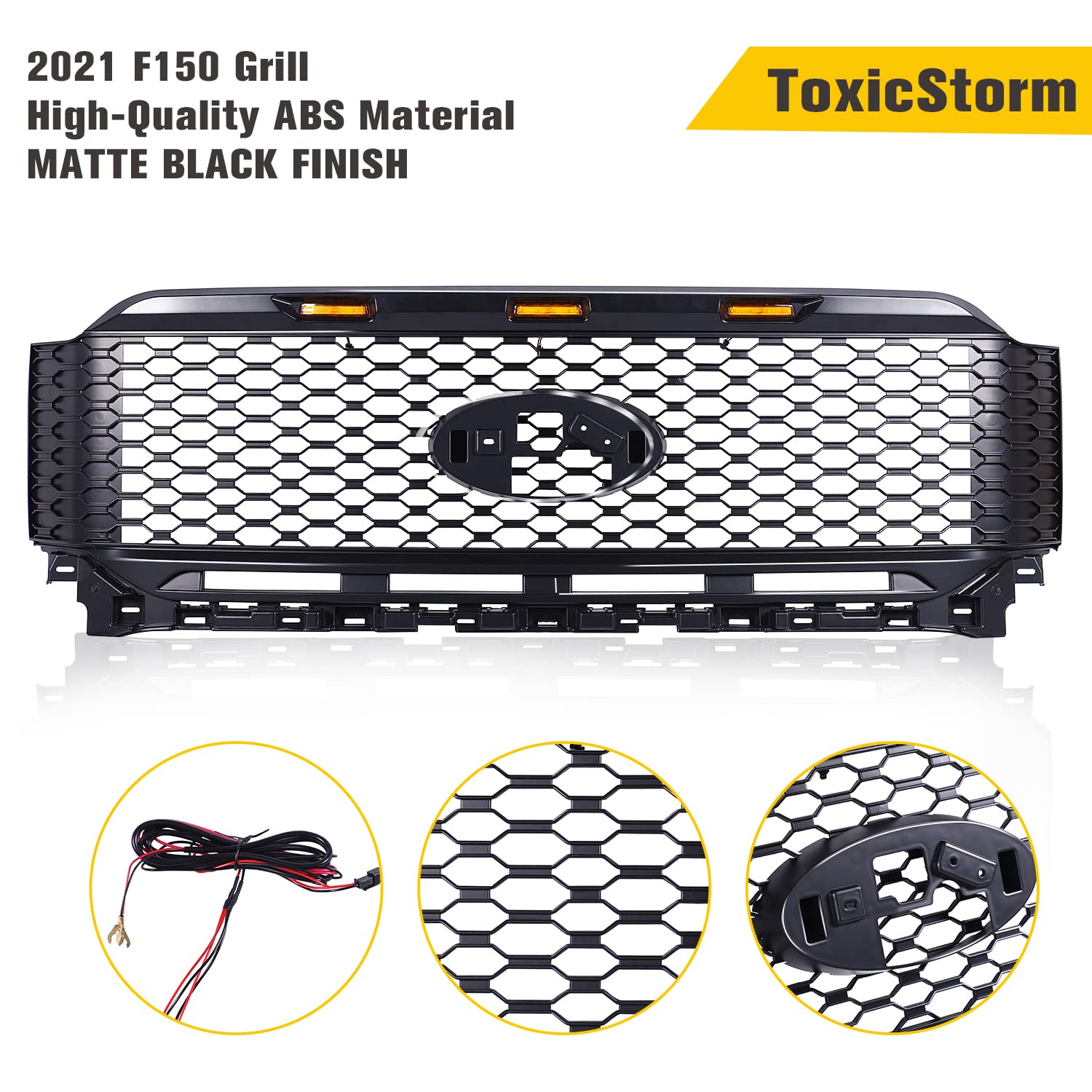 Matte Black Mesh Front Grill Replacement with 3 Amber LED Lights for Ford F-150 2021-2022 | Off-Road & Street Style Upgrade