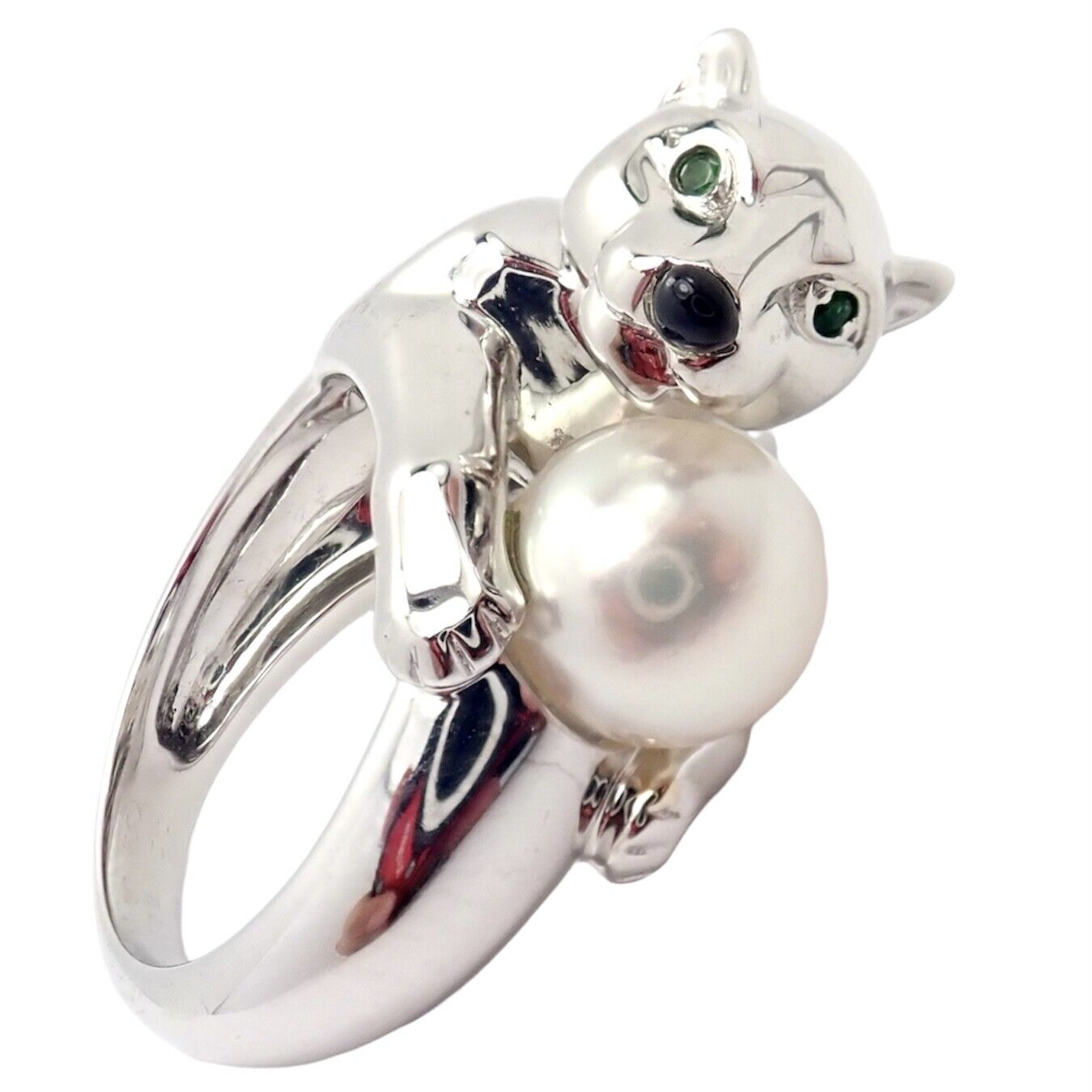 Authentic Cartier 18K White Gold Panther Panthere Ring with Onyx, Tsavorite & Pearl - Luxury Jewelry for Women, Perfect for Weddings, Anniversaries & Special Occasions