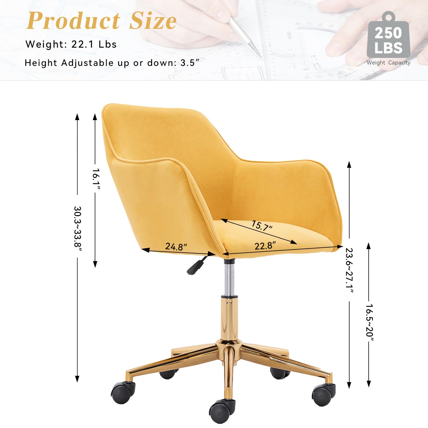 Luxury Velvet Home Office Chair - Adjustable Swivel Desk Chair with Wheels & Gold Base, Modern Rolling Vanity Chair for Home Office, Bedroom, Dressing Room - Perfect for Working, Studying & Makeup