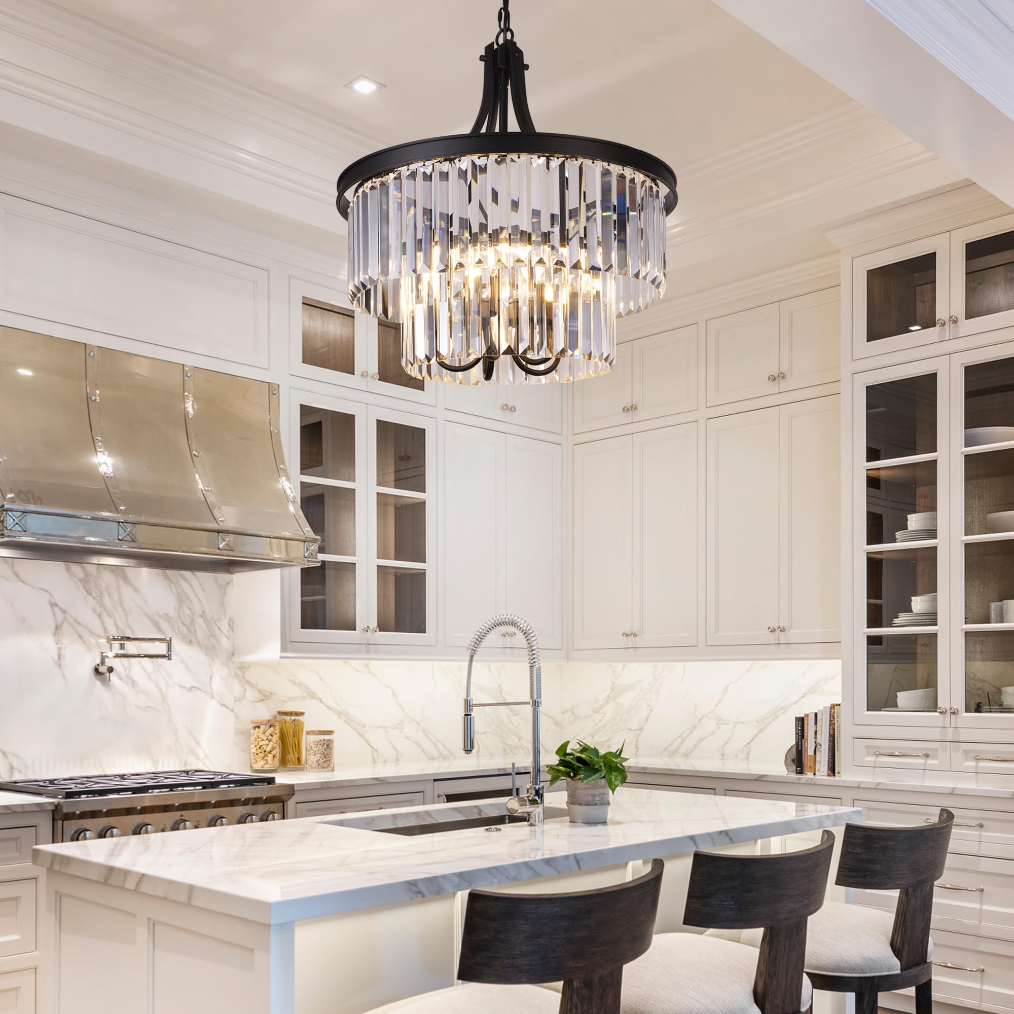 Wellmet Modern 5-Light Crystal Chandelier - Black Farmhouse Pendant Light with Prism Shades for Foyer, Kitchen Island, Dining Room, Living Room & Bedroom | Elegant Ceiling Lighting Fixture for Home Decor