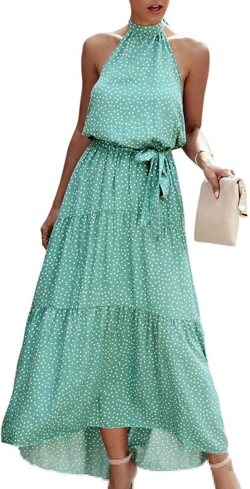 **Comeon Women's Floral Print Halter Neck Backless Maxi Dress with Belt - Boho Beach Party, Summer Vacation, Date Night, Casual Outfit**