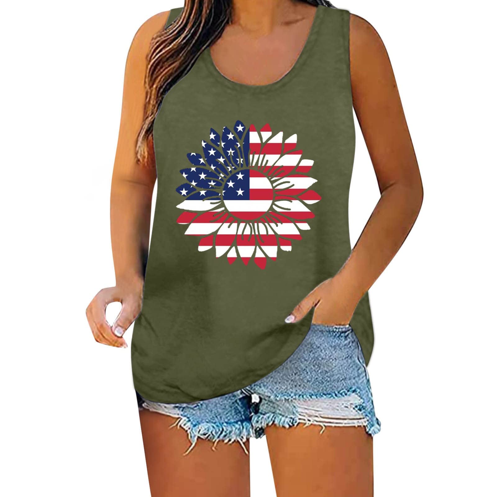 Women's Black Sleeveless Blouse - Patriotic Independence Day Print Tank Top for Summer | Casual Sleeveless Vest for Outdoor Festivals, Beach Parties & 4th of July Celebrations