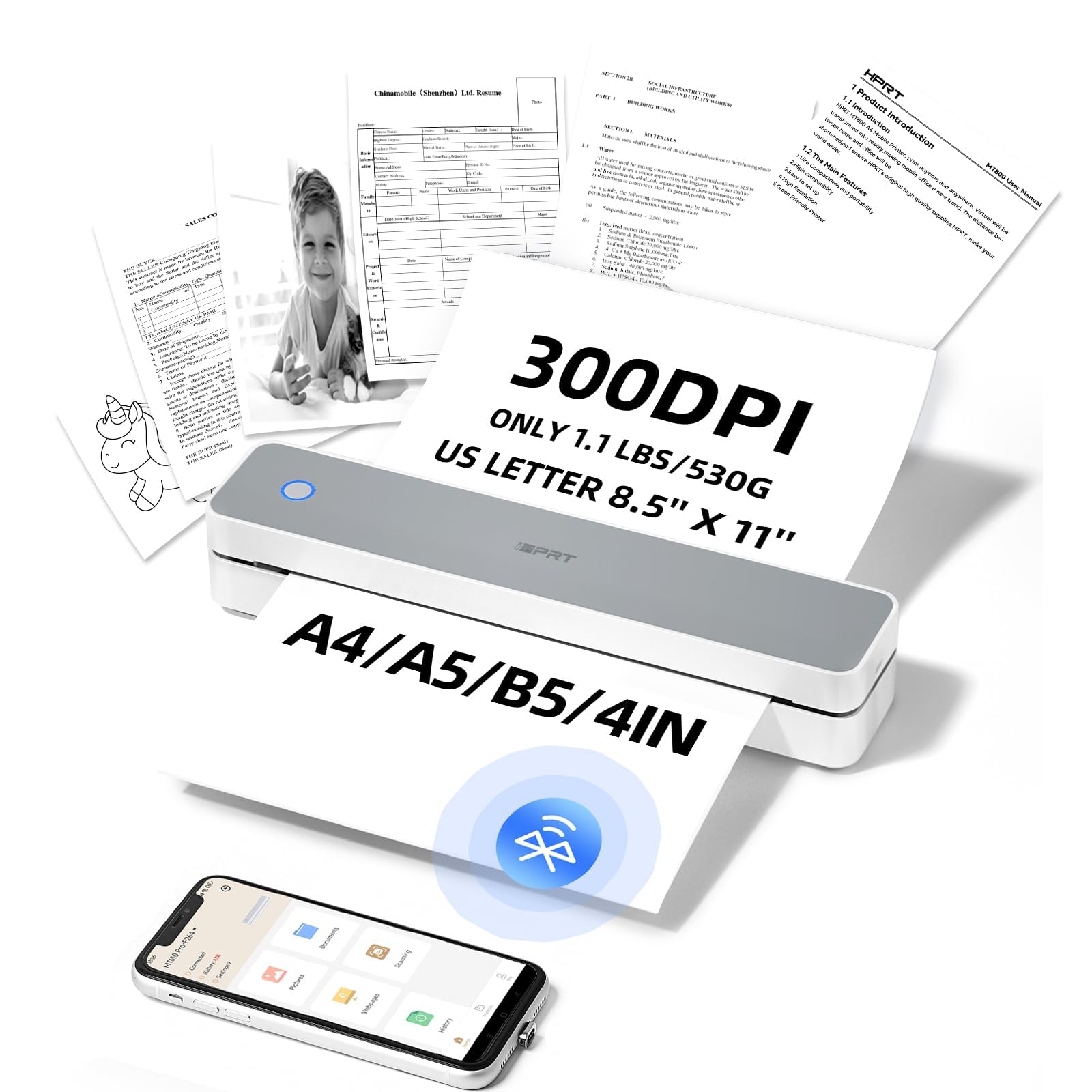 iDPRT Wireless Portable Thermal Printer - 300DPI Inkless Mobile Printer for Travel, Home, Office & Vehicle Use | Bluetooth Compatible with Smartphone & PC | Supports 8.5