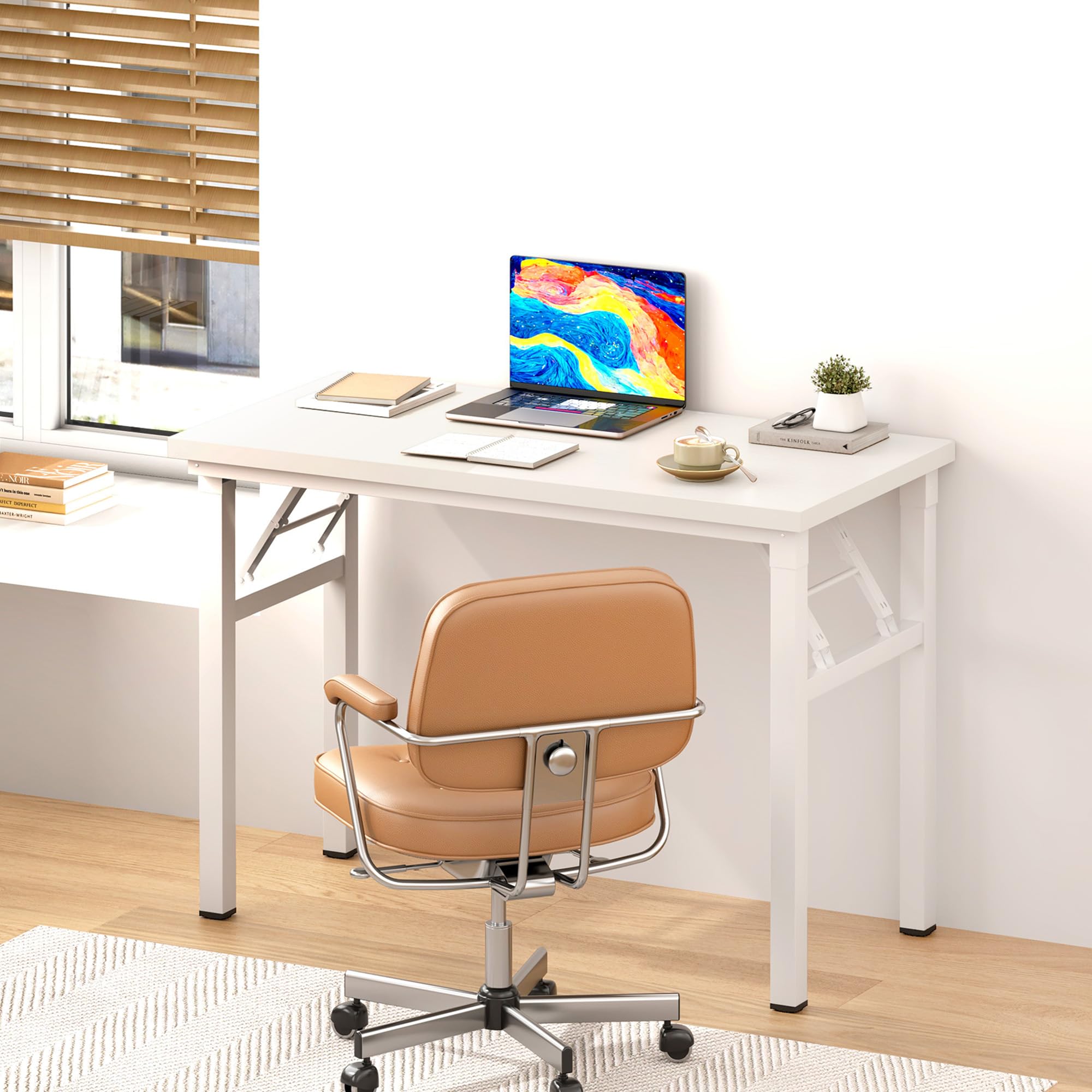 DlandHome 31.5 Inch Folding Computer Desk - Compact Home Office Desk with White Frame, No Assembly Required, Space Saving Writing Table for Small Spaces | Perfect for Apartments, Dorm Rooms & Home Offices