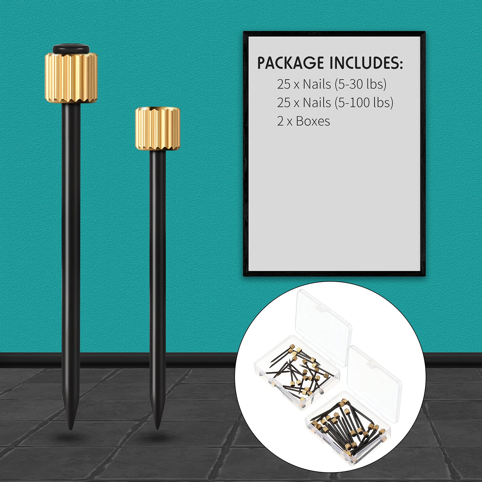 Black Steel Picture Hanging Nails with Brass Head - 50pcs Heavy Duty Wall Hooks for Frames (5-30 lbs Capacity) - Perfect for Gallery Walls, Home Decor & Photo Display