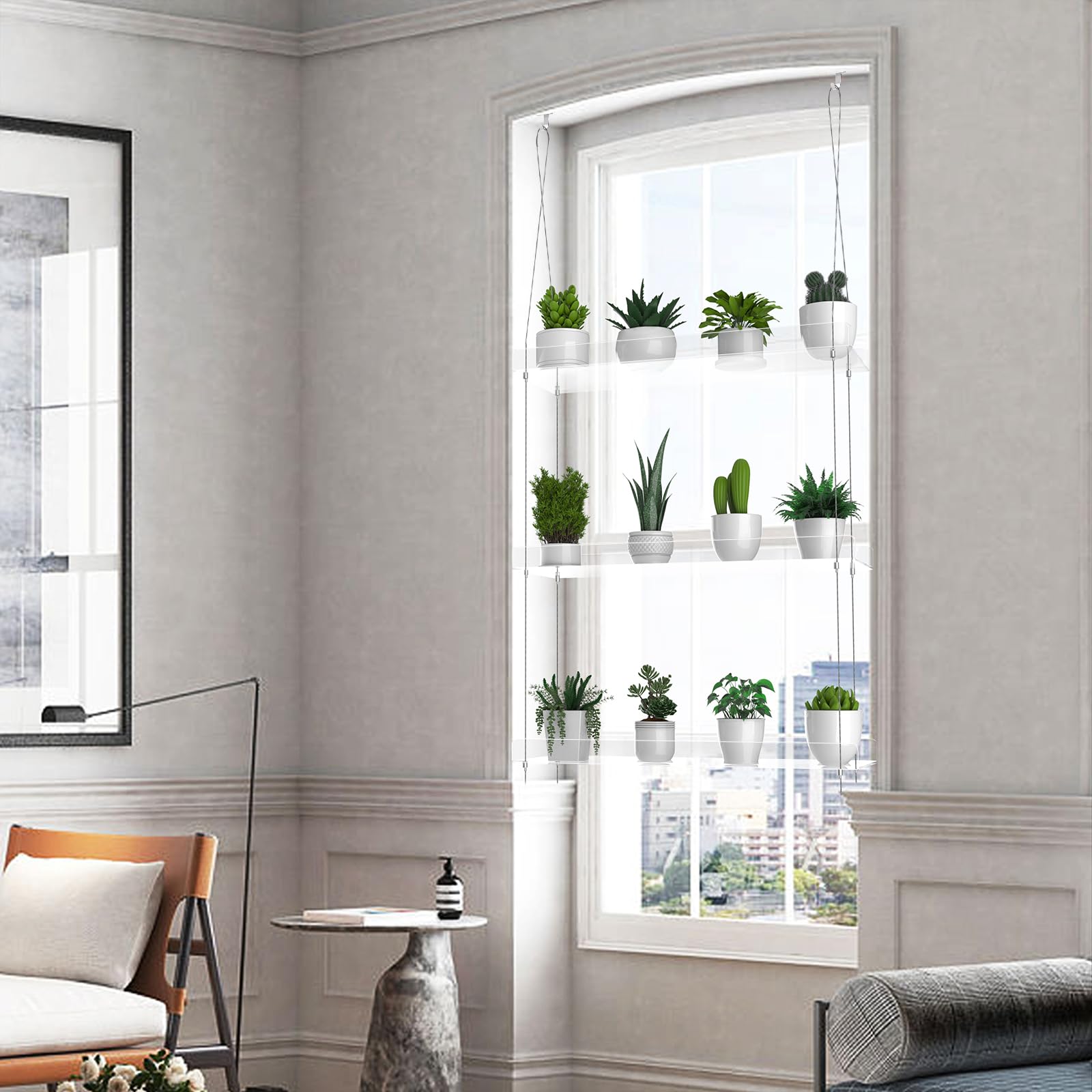 3-Tier Clear Acrylic Hanging Plant Shelf for Windows - 16 Inch per Tier - Space-Saving Wall Mounted Plant Stand for Kitchen, Indoor Gardens, Herbs, Succulents, Flower Pots & Seedling Organization - Perfect for Small Spaces, Apartments & Urban Gardening