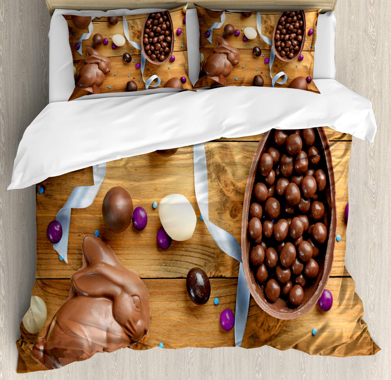 Ambesonne Easter Bunny Duvet Cover Set - King Size 3-Piece Bedding with Chocolate & Egg Design, 2 Pillow Shams - Holiday Home Decor for Spring, Easter Celebrations & Festive Bedroom Makeover