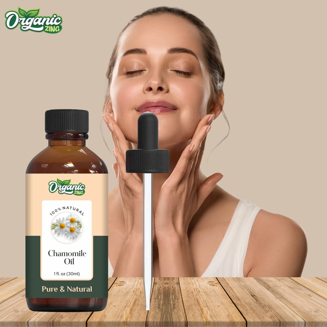 Organic Zing Chamomile Essential Oil (Matricaria chamomilla) | 100% Pure & Natural for Skin Care, Hair Growth, Aromatherapy & Diffuser Use - 30ml/1.01fl oz | Perfect for Relaxation, Stress Relief & Spa Treatments