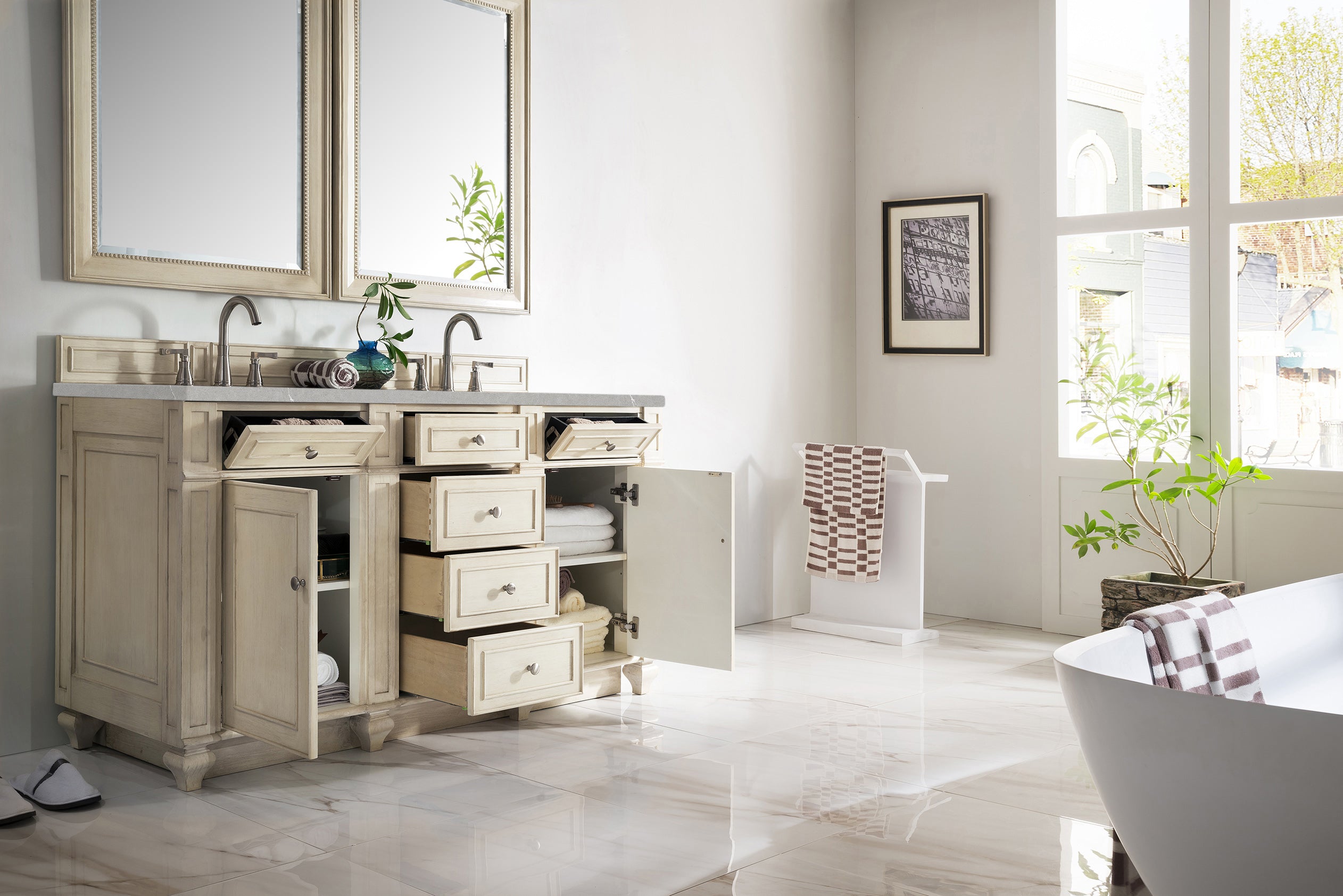 Bristol 60 Inch Double Bathroom Vanity in Vintage Vanilla with 3CM Eternal Serena Quartz Countertop - Perfect for Master Bathroom Renovation and Luxury Home Upgrade