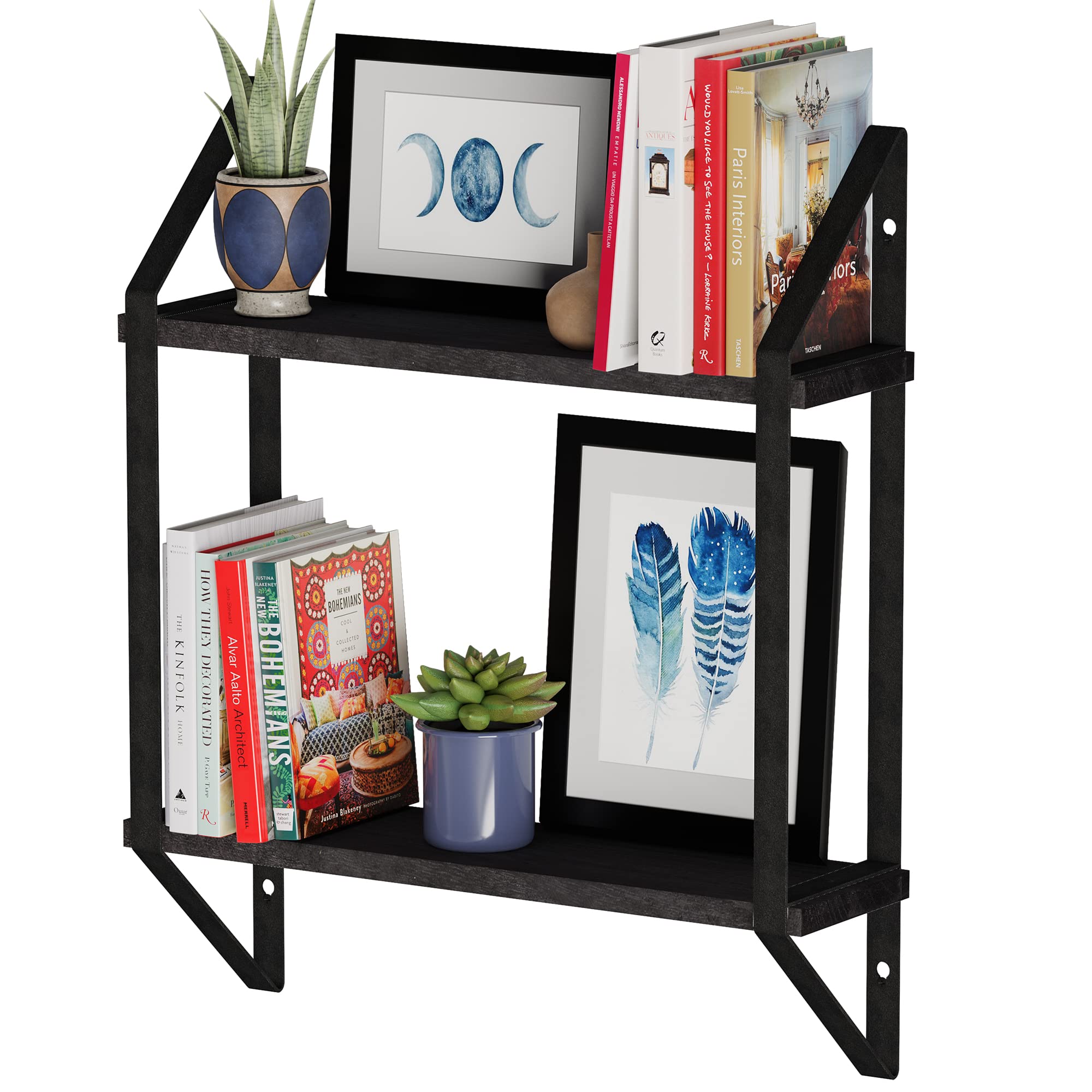 **Ponza Floating Wall Shelves - 2 Tier Black Wall Mounted Shelves for Bathroom, Living Room & Office Organization | Space-Saving Storage for Books, Decor & Kitchen Essentials**