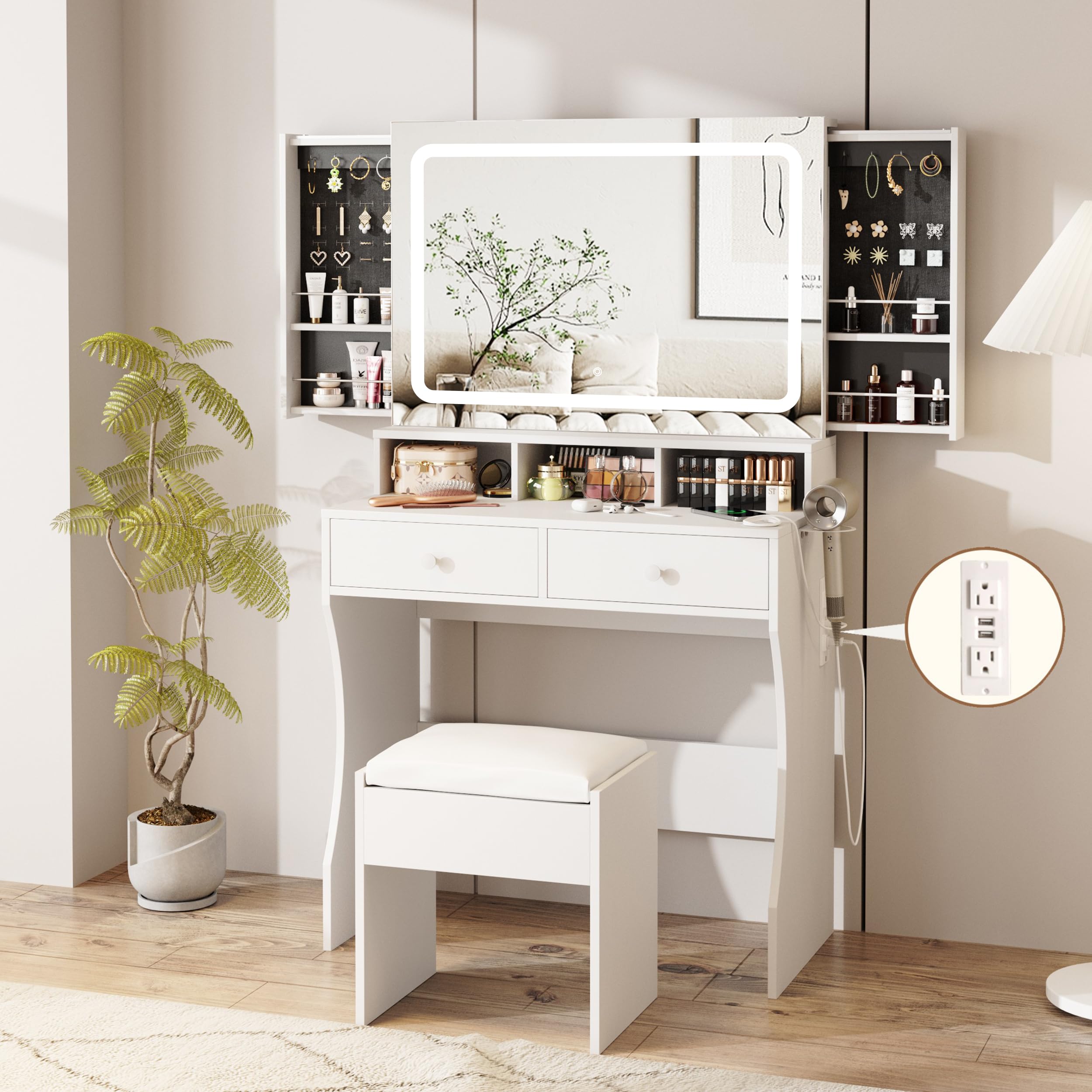 White Vanity Desk with Mirror & LED Lights - Makeup Dressing Table with Charging Station, Sliding Jewelry Storage & 3 Lighting Modes - Includes Stool & 2 Large Drawers - Perfect for Women & Girls Bedroom, Makeup Room or Dressing Area