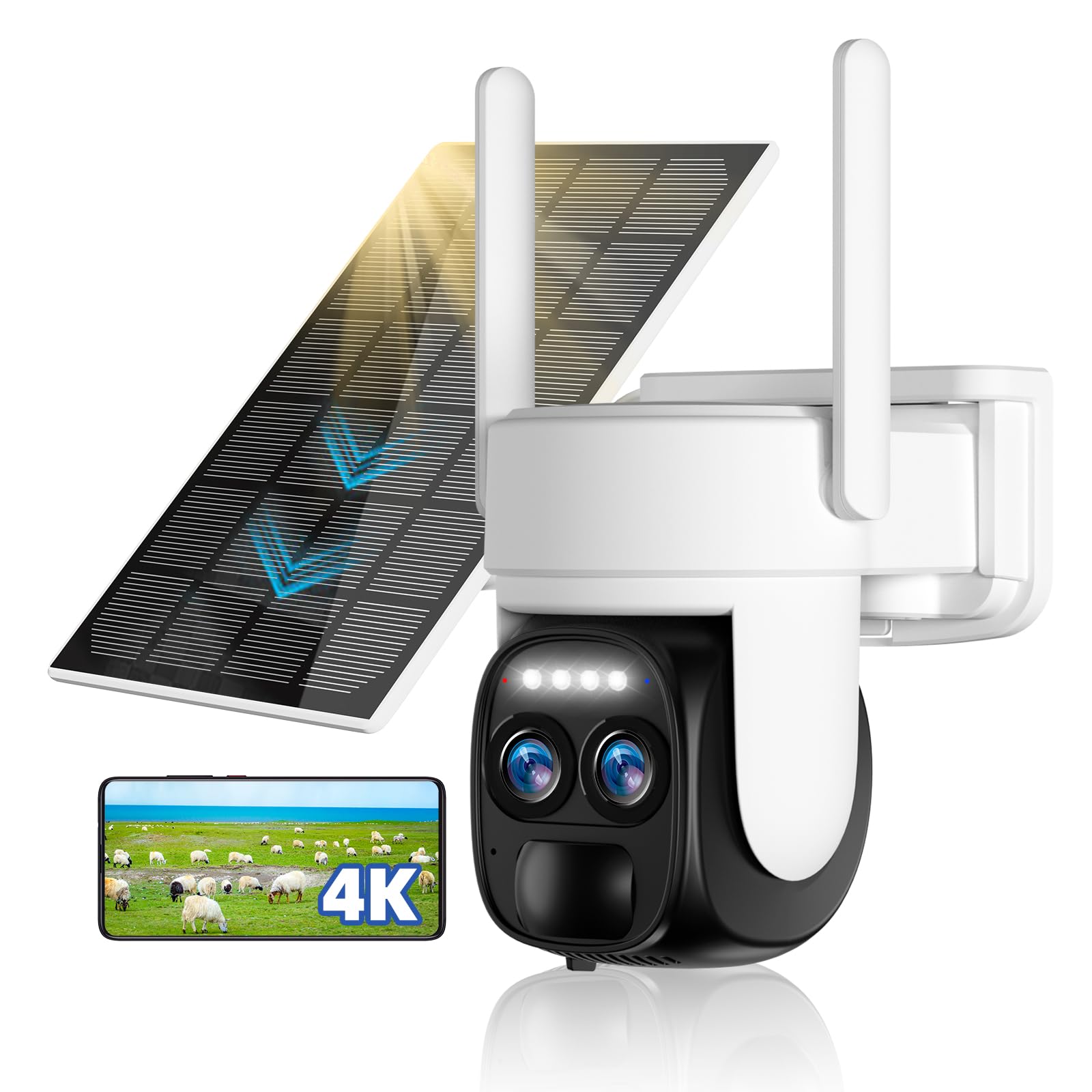 4K Wireless Outdoor Solar Security Camera - 360° PTZ, Battery Powered with 3W Solar Panel & Dual Lens, 8MP Color Night Vision with Spotlight - Ideal for Home Security, Yard Monitoring & Property Protection