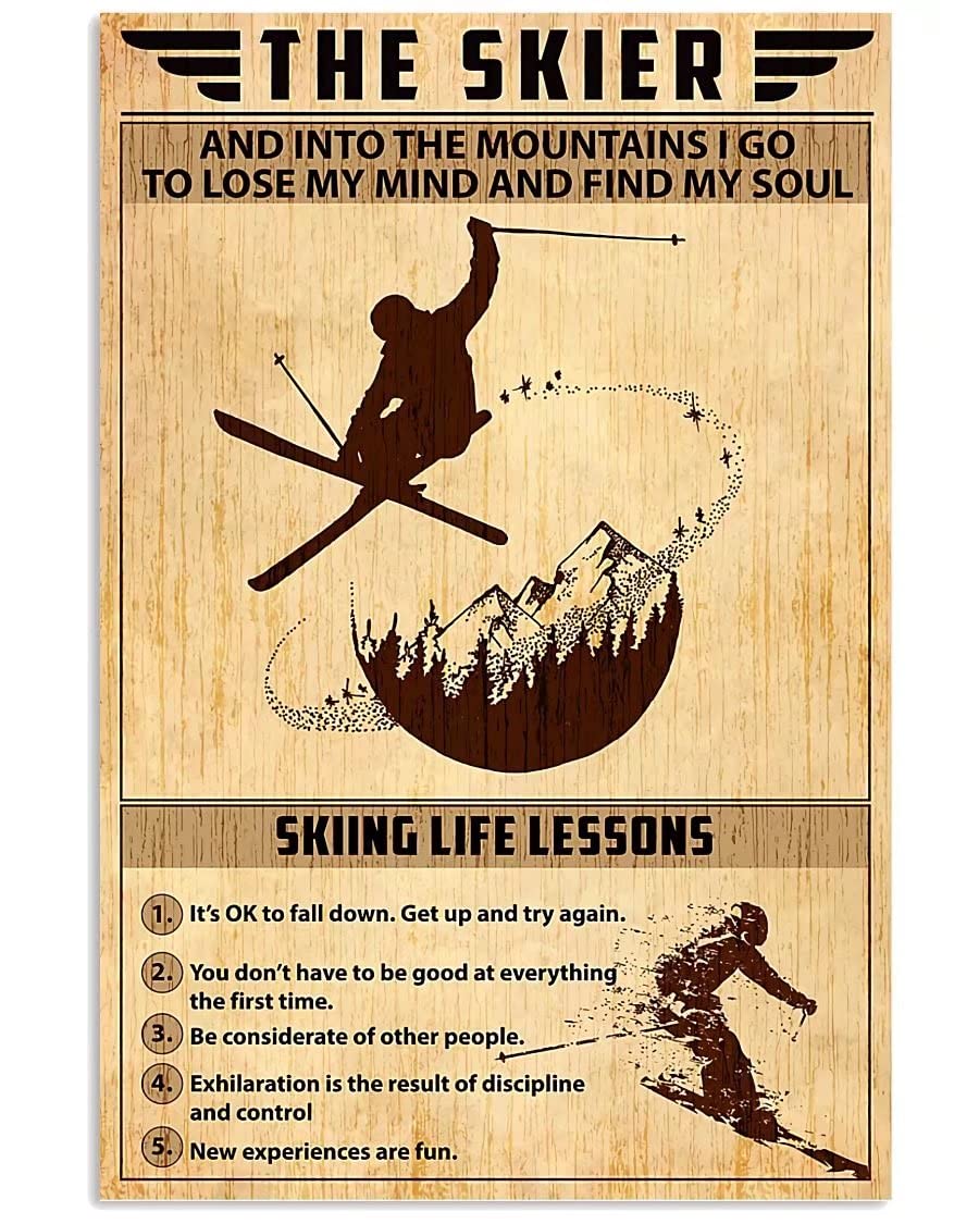 Vintage Ski Metal Tin Sign - Retro Skier & Mountains Wall Art Decor - 16x24 Inch Bar & Coffee Shop Painting - Perfect for Cabin, Man Cave & Ski Lodge Decor