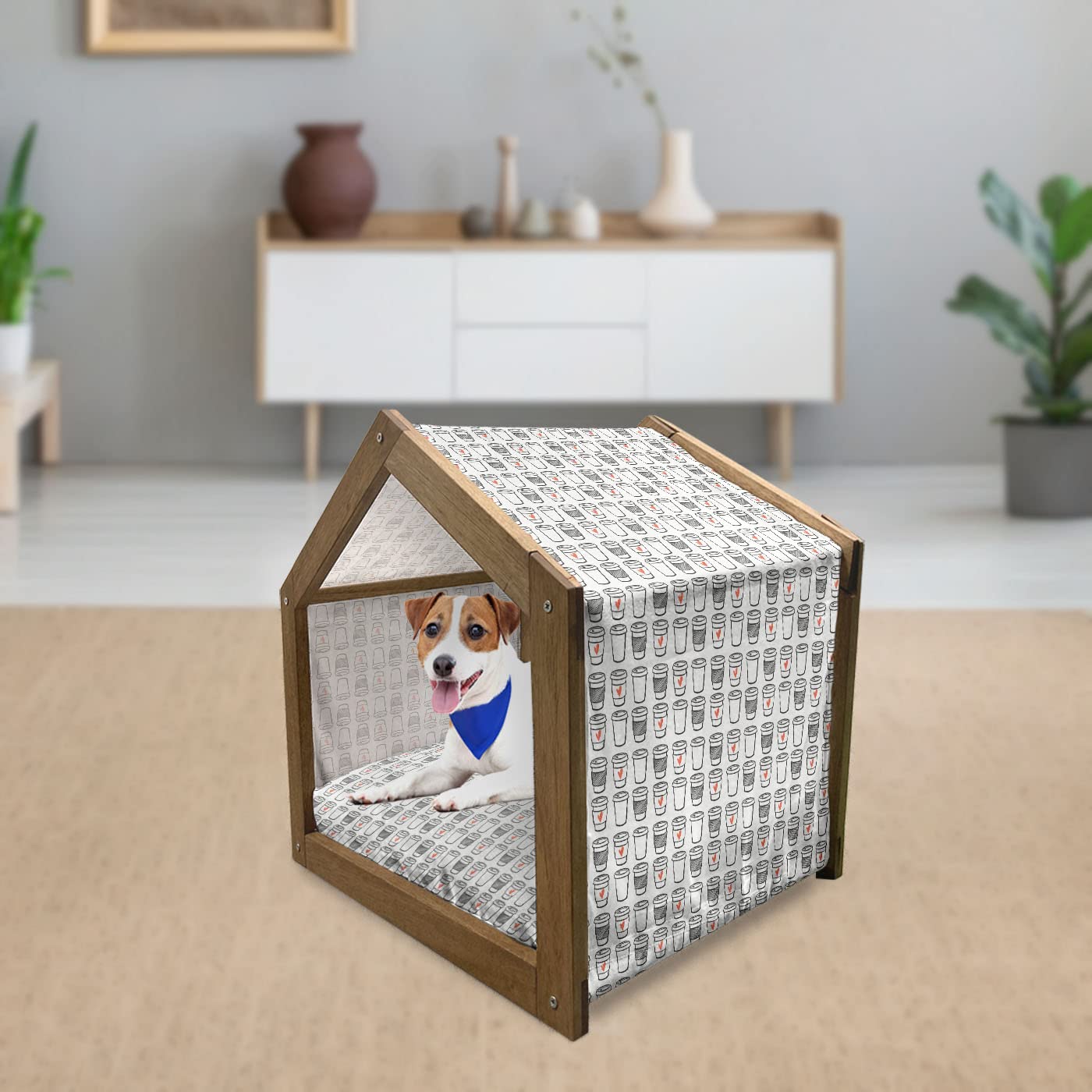 Lunarable Wooden Pet House for Dogs - Modern Coffee Cup Design with Doodle Stripes & Hearts - Indoor/Outdoor Portable Dog Kennel with Pillow & Cover - Large Size in Orange, Black & White - Perfect for Home, Yard or Travel Use