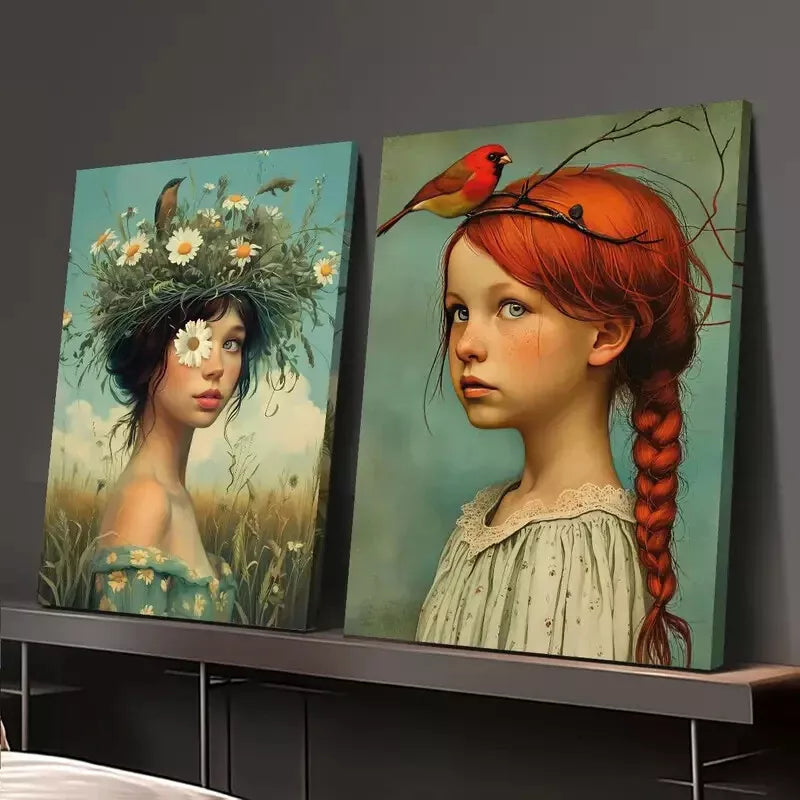 2Pcs Country Farmhouse Canvas Wall Art - 50x75cm Framed Bird & Woman Painting, High Quality Print, 100% Australian Made, Ready to Hang - Perfect for Living Room, Bedroom & Home Decor