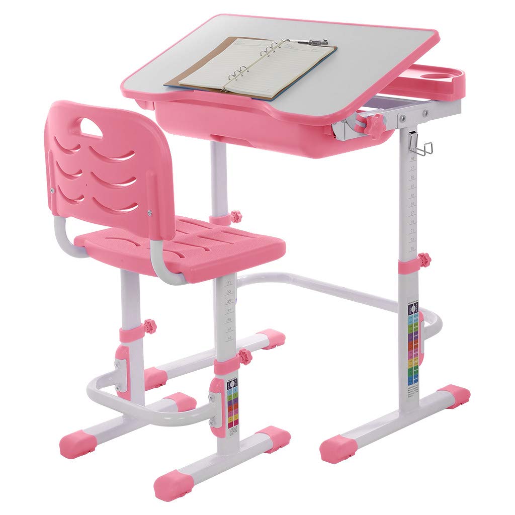 Adjustable Height Kids Study Desk and Chair Set with LED Lamp & Storage - Multifunctional Children's Study Table for Learning, Reading, Drawing - Perfect for Home Schooling & Bedroom Study (Pink)