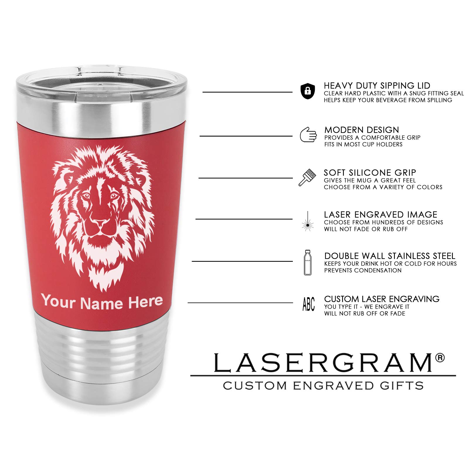 LaserGram 20oz Vacuum Insulated Stainless Steel Tumbler Mug with Silicone Grip - Custom Engraved Bowling Ball & Pins Design (Red) - Perfect for Coffee, Tea & Cold Drinks at Home, Office or Gym