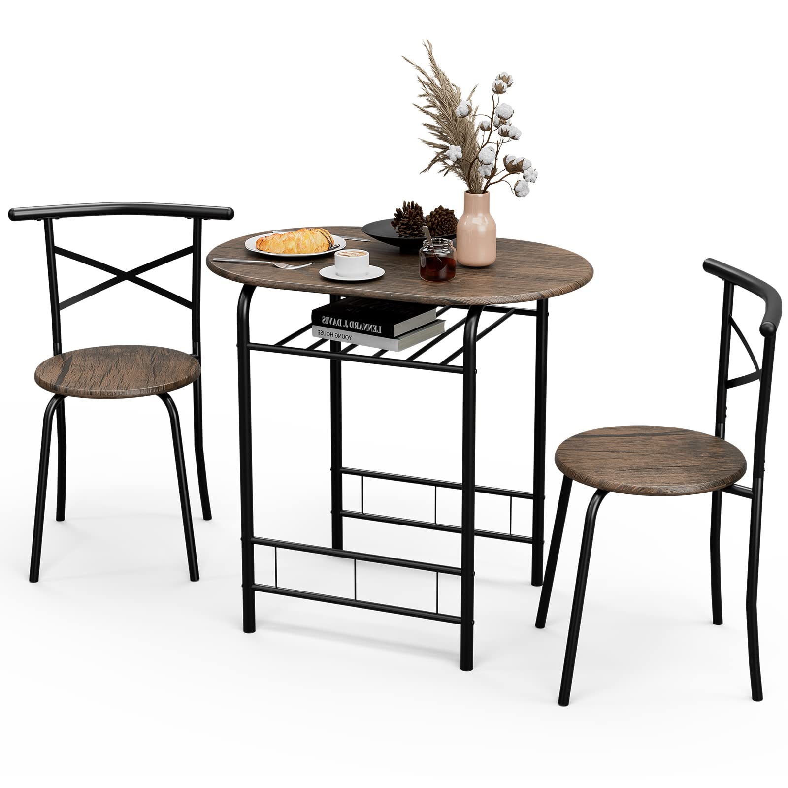 JOINATRE 3-Piece Space Saving Kitchen Dining Table Set with Metal Frame - Compact Apartment Furniture for Small Dining Room, Kitchen & Wine Storage - Brown | Perfect for Studio Apartments, Condos & Small Homes