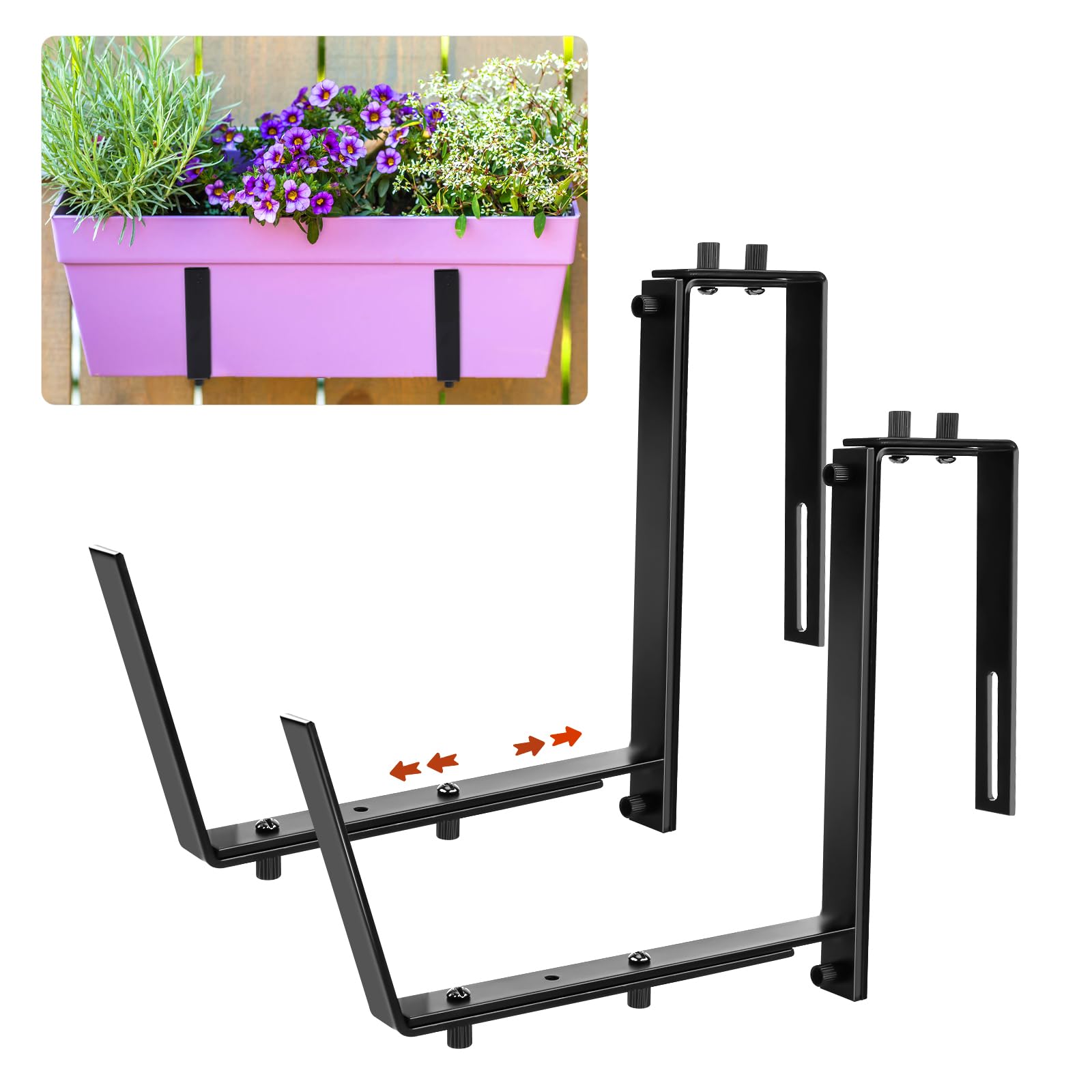 2 Pack Heavy Duty Adjustable Planter Box Brackets for Deck Railing - 6-12.5 Inch Window Box Holders for Brick Sill, Fence & Balcony - Outdoor Garden Flower Pot Hangers for Patio, Porch & Backyard Decor (Black)