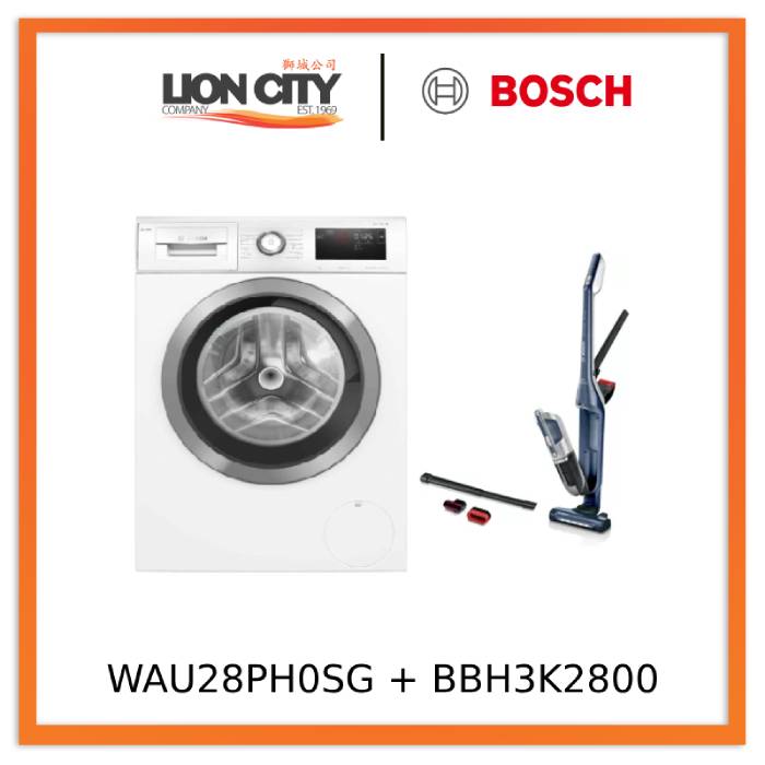 Bosch WAU28PH0SG 9kg Front Load Washing Machine & BBH3K2800 Cordless Handheld Vacuum Cleaner Combo - Perfect for Home Laundry and Quick Cleaning