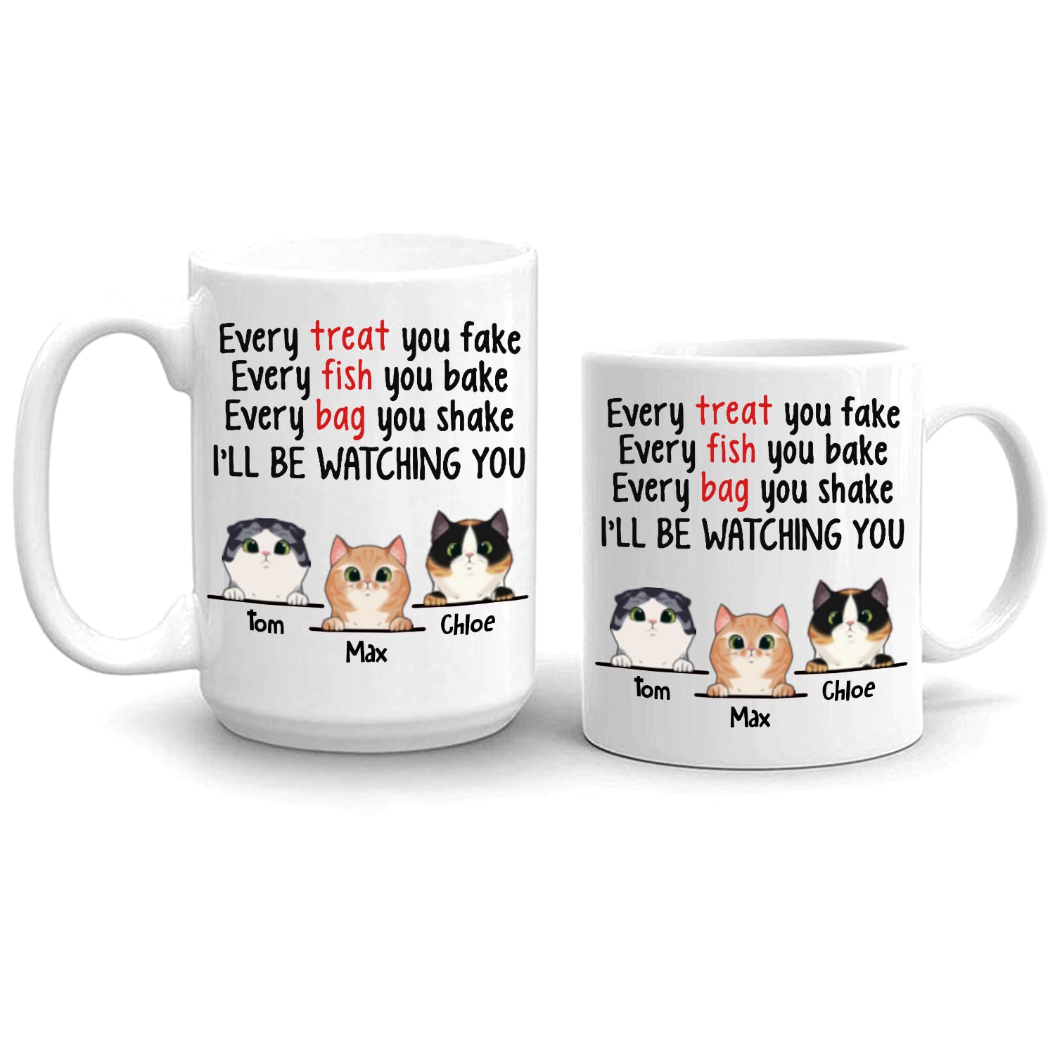 Personalized Funny Cat Coffee Mug - Custom 'Every Fish You Bake I'll Be Watching You' Design - 11oz White Ceramic Cup for Cat Lovers, Pet Parents - Choose Cat Breed & Name - Perfect Gift for Cat Moms & Dads - Great for Coffee, Tea, or Office Use