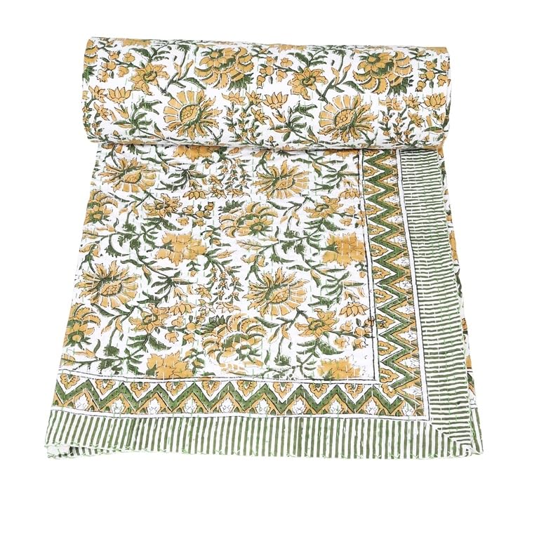 Handmade Indian Block Print Kantha Quilt - Queen Size 90x108 Inches - 100% Pure Cotton Vintage Throw Blanket & Bedspread - Yellow Traditional Design for Cozy Bedroom, Boho Home Decor & Gift
