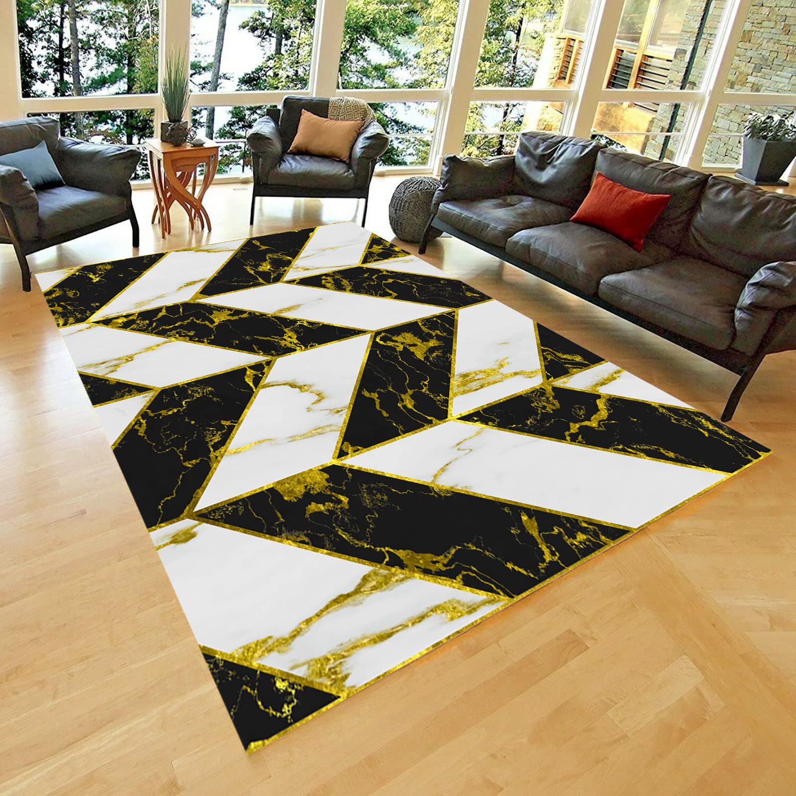 Boho Style Marble Print Area Rug - Non-Slip Carpet for Living Room, Dining Room, Bedroom & Kitchen - 5.25 x 7.5 ft (63 x 90 in) - Perfect for Home Decor, Boho Chic Style & Cozy Spaces