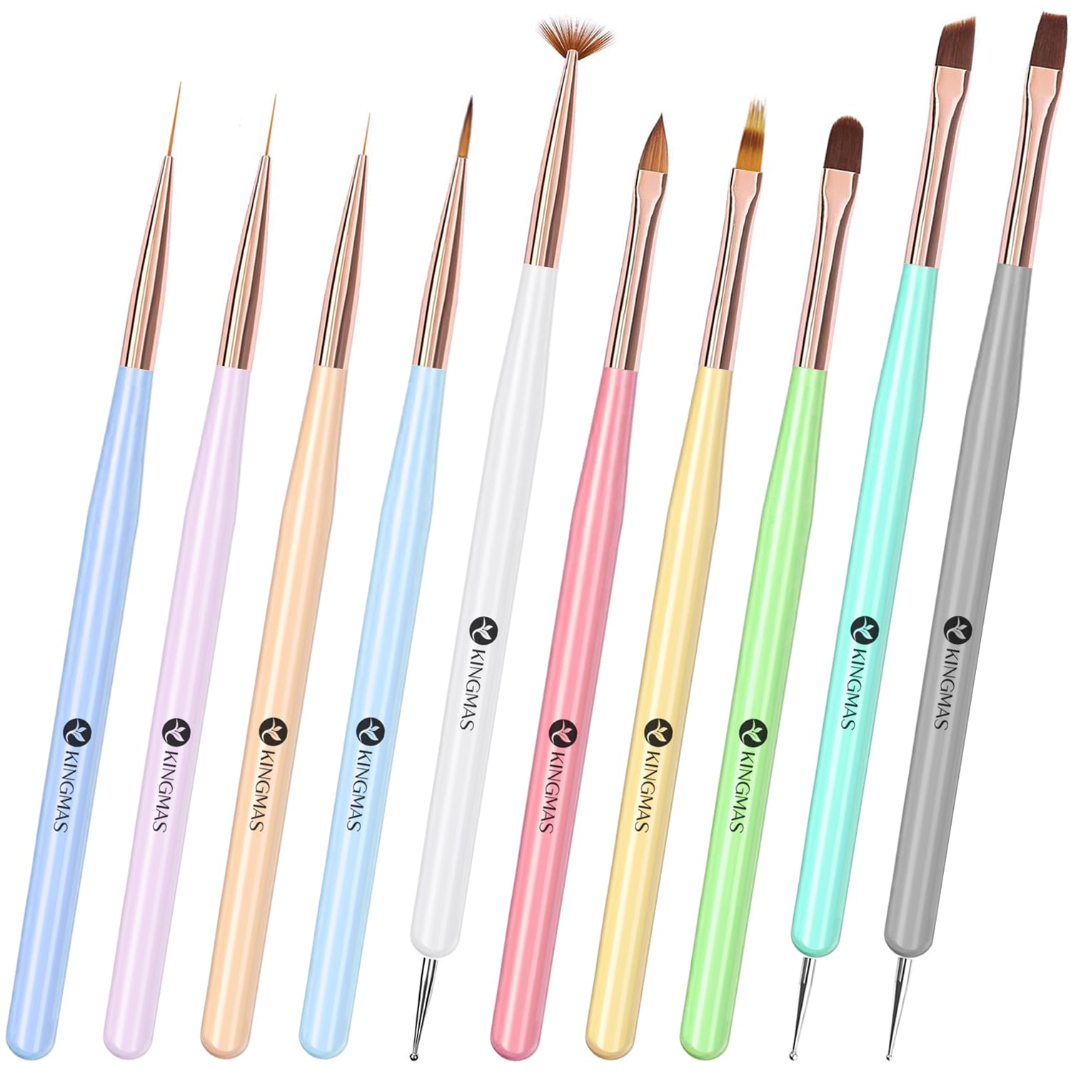KINGMAS 10Pcs Professional Nail Art Brush Set - Gel Polish Painting Brush, Liner Brush, Dotting Pen & Dust Cleaning Brush for DIY Nail Design - Perfect for Home, Salon & Manicure Kits