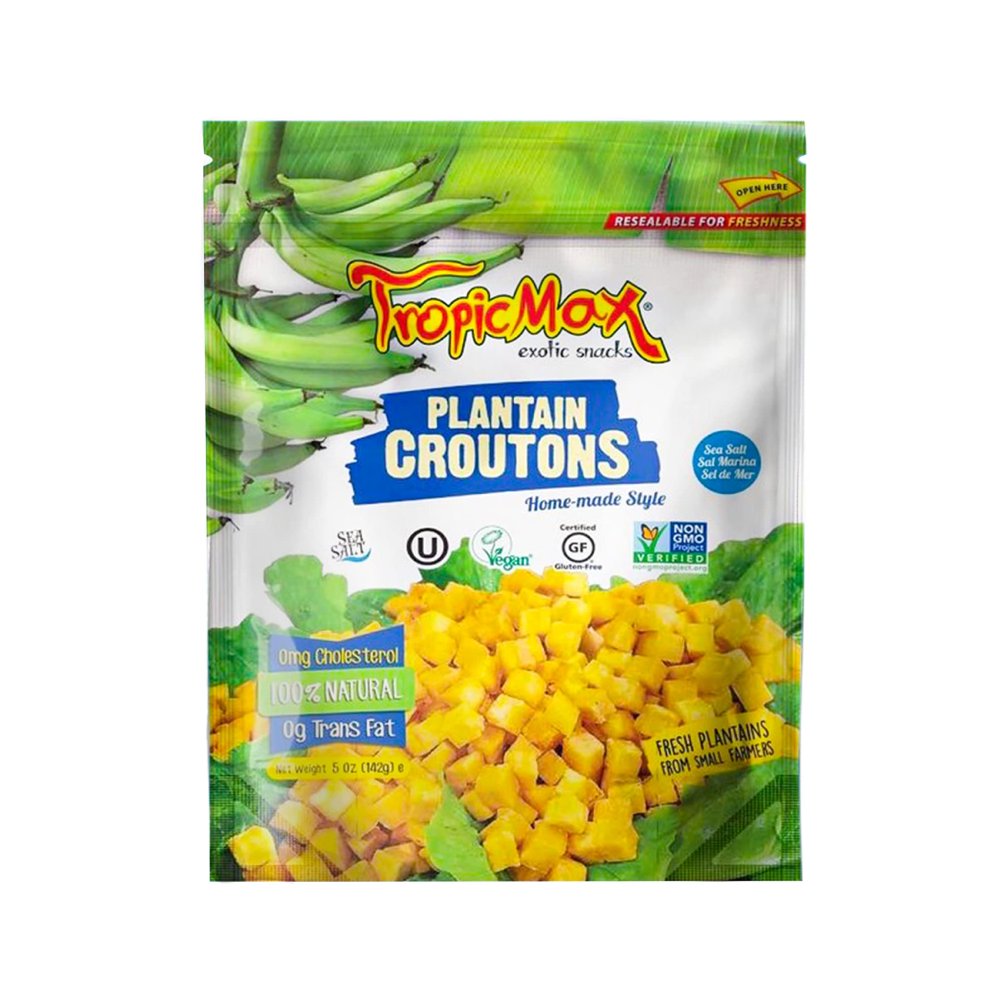 TropicMax Organic Sea Salt Plantain Croutons Chips - Gluten-Free, Vegan, Non-GMO, Kosher Certified Healthy Snacks - Kettle Cooked Green Plantain Chips in Individual Bags (3 Packs) - Perfect for Lunchboxes, Office Snacks, and Keto Diet