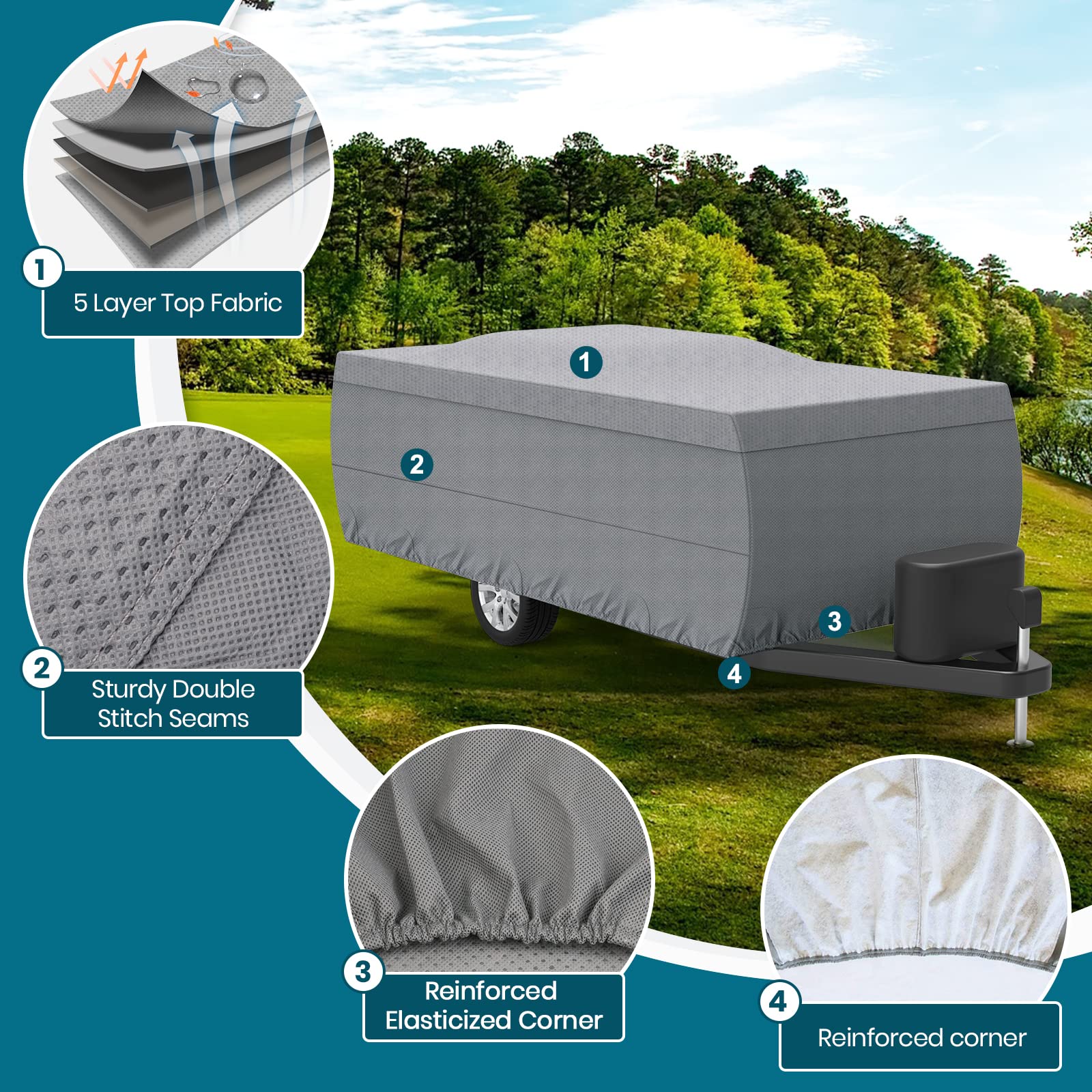Xgear Upgraded 5-Layer Pop-Up Camper Cover - Breathable Ripstop Fabric with UV Protection - Fits 14'-16' RVs - Perfect for Outdoor Storage & Travel Protection