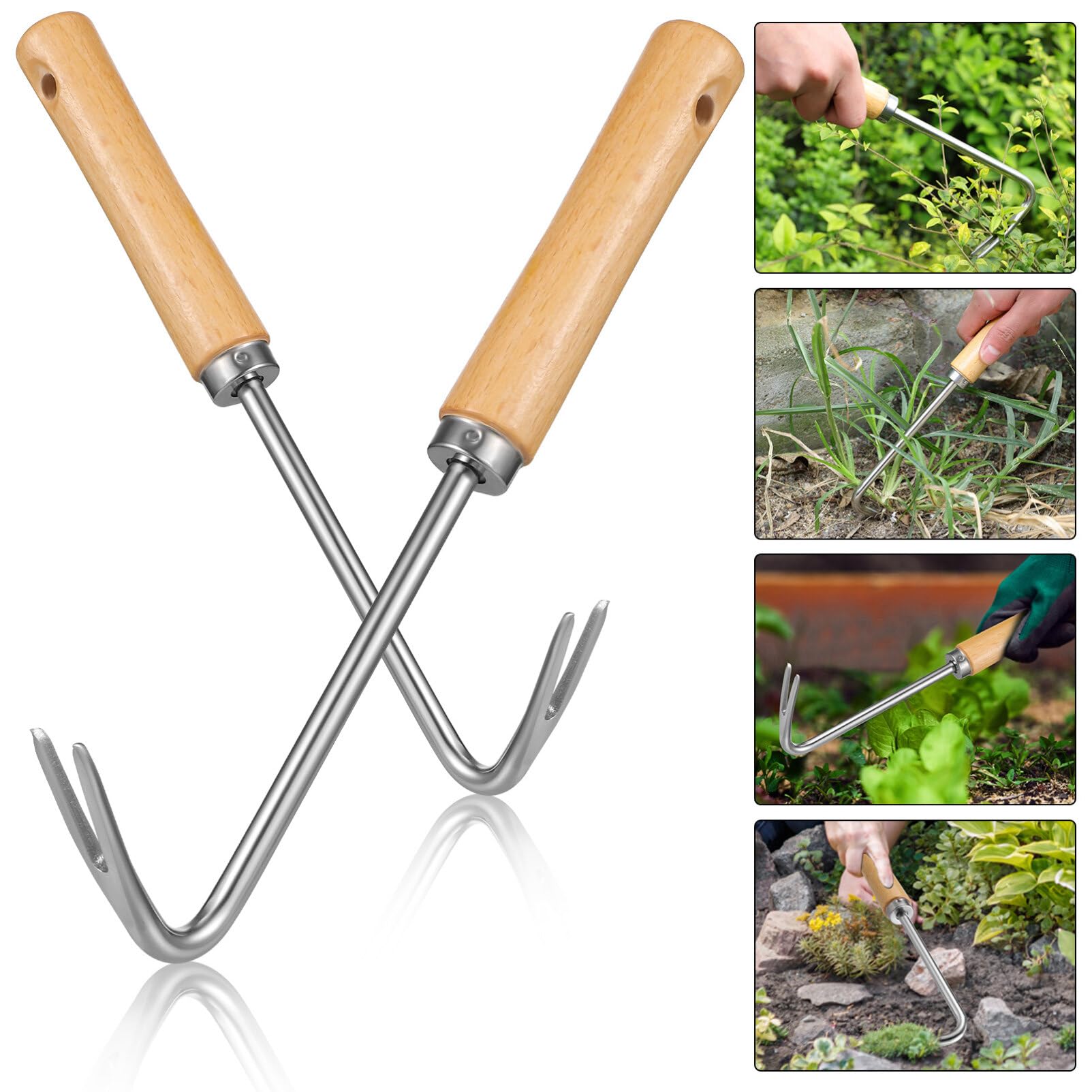 Happyyami Hand Weeding Tool with Beech Wood Handle - Garden Weeder, Lawn Edging Tool, Hand Tiller for Yard Maintenance - Perfect for Gardening, Weed Removal, and Soil Cultivation