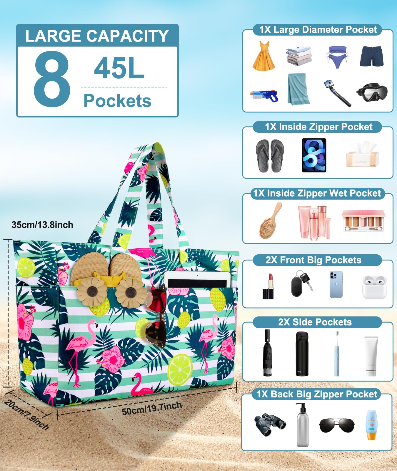 **Extra Large Waterproof Beach Bag with Zipper & Wet Compartment - Lightweight Foldable Tote for Women, Travel, Pool, Gym & Vacation - Perfect for Weekender & Outdoor Activities**