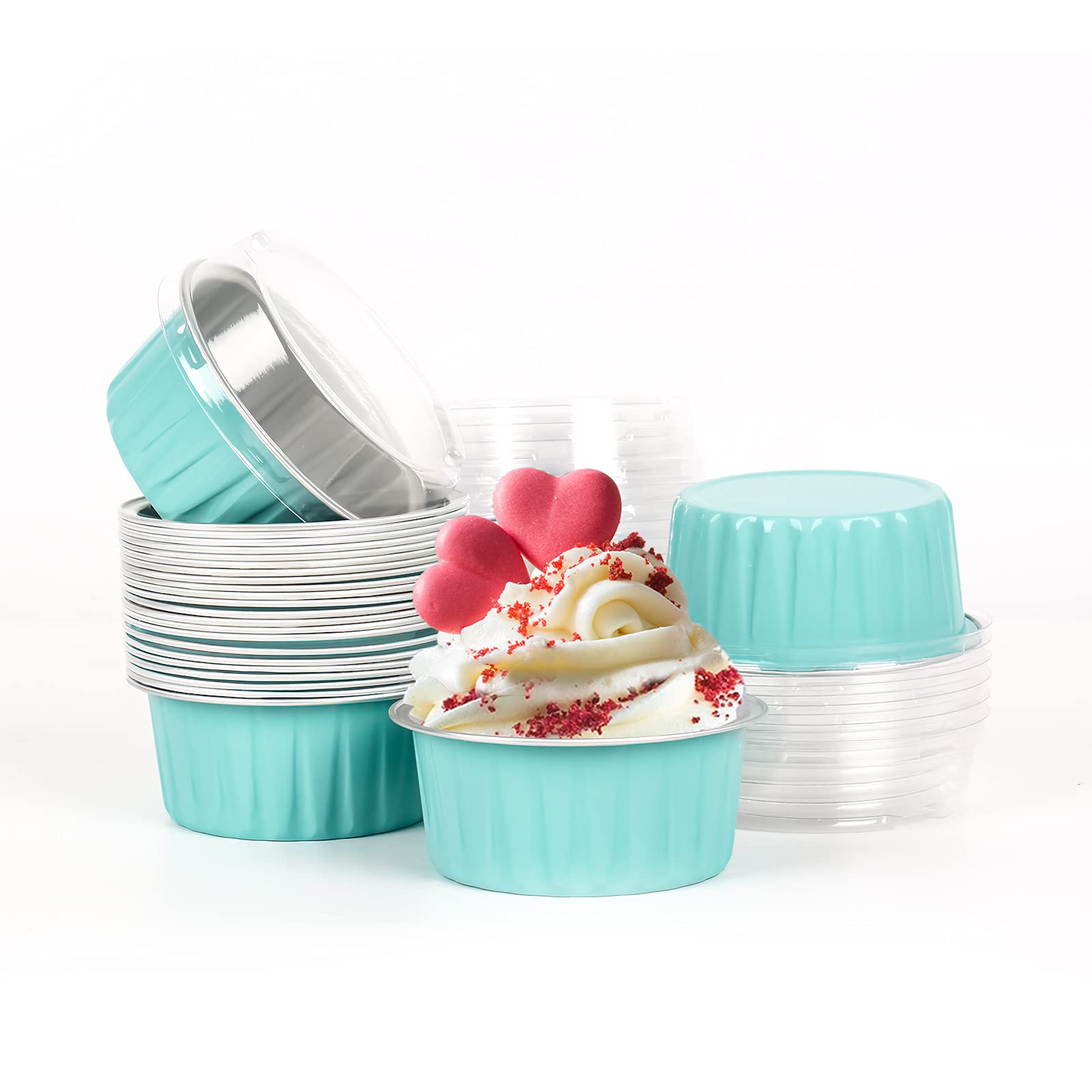 WMLBK 25-Pack 5oz (125ml) Halloween Themed Aluminum Baking Cups with Lids - Reusable Muffin & Cupcake Liners for Birthday Parties, Baking, and Holiday Celebrations (Blue)