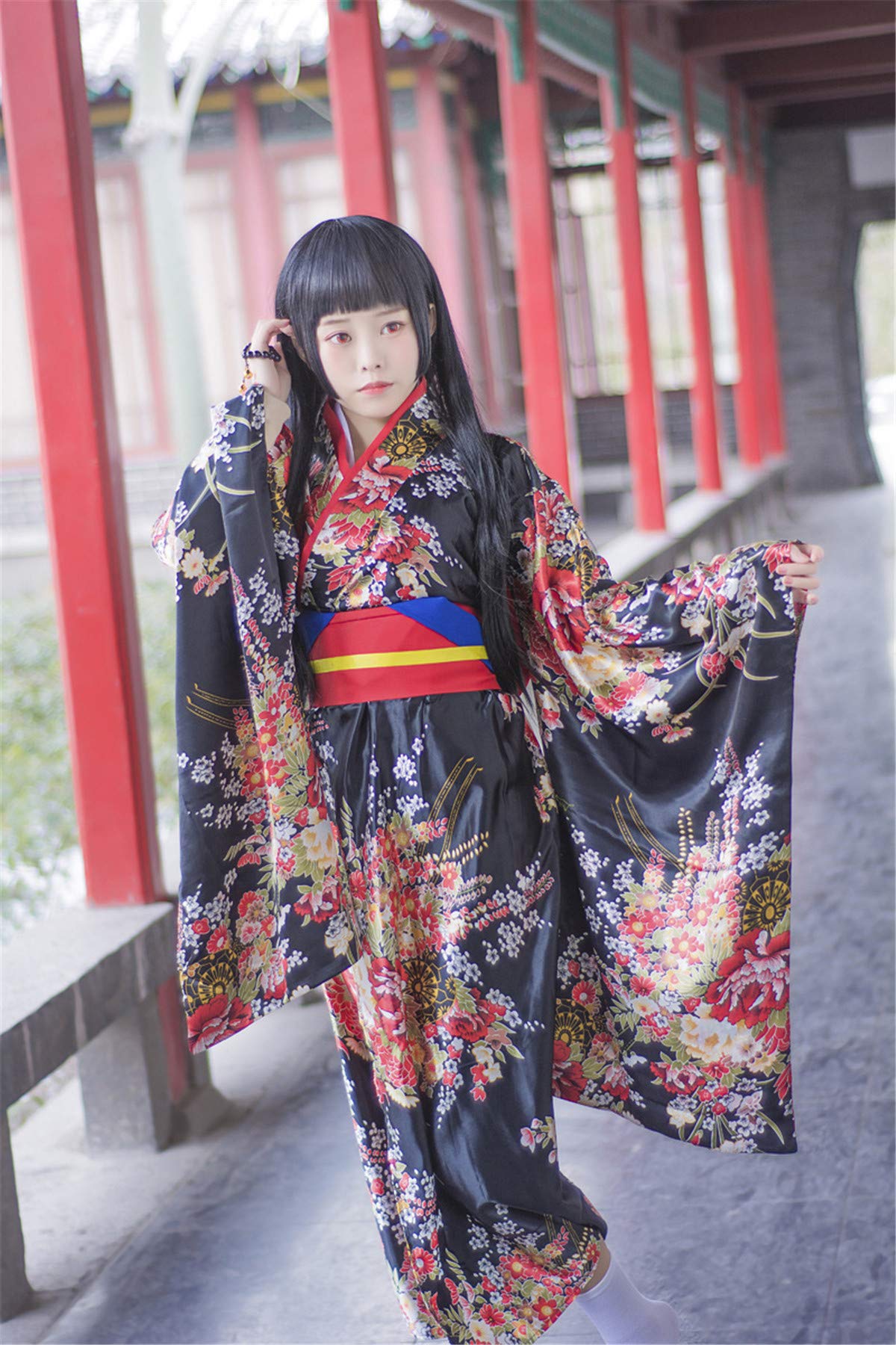 Japanese Cherry Black Kimono Anime Cosplay Costume - Shanghai Story Lolita Dress for Halloween, Cosplay Events & Themed Parties