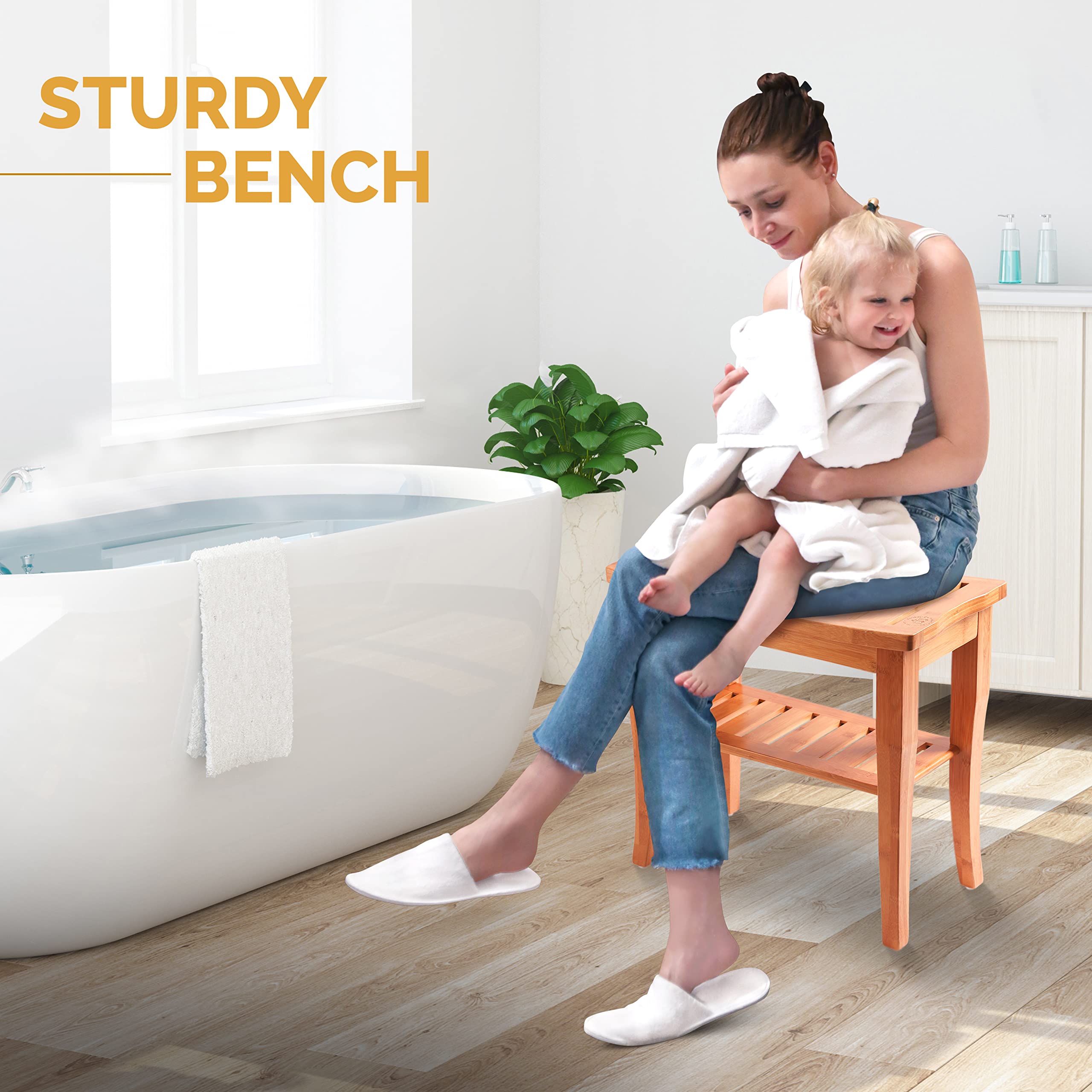 **Bamboo Shower Bench with Storage Shelf - Non-Slip Shower Seat & Bathroom Stool for Spa, Shaving & Relaxation | Indoor & Outdoor Use for Bathroom, Pool & Sauna**