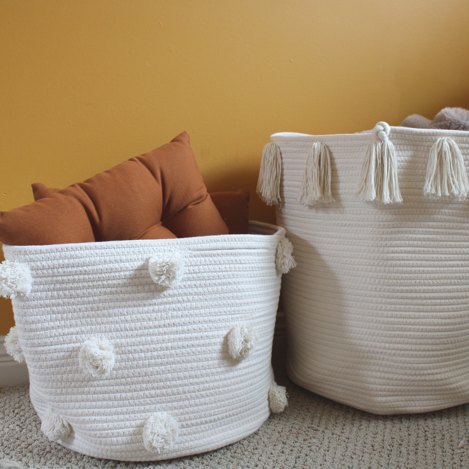 Natural Wicker Pom Basket - Large Handwoven Storage Basket for Home Decor, Organizing Blankets, Toys & Laundry | Perfect for Living Room, Bedroom & Nursery