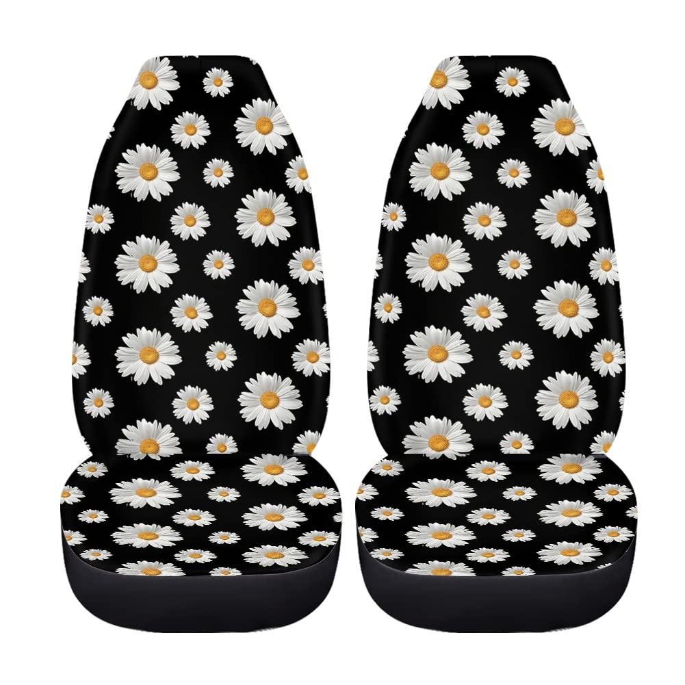 BIGCARJOB Black Flower Daisy Pattern Universal Car Seat Covers - Ultra-Soft, Flexible Back Design (Pack of 2) - Perfect for Sedans, SUVs & Trucks - Home & Office Commute, Road Trips