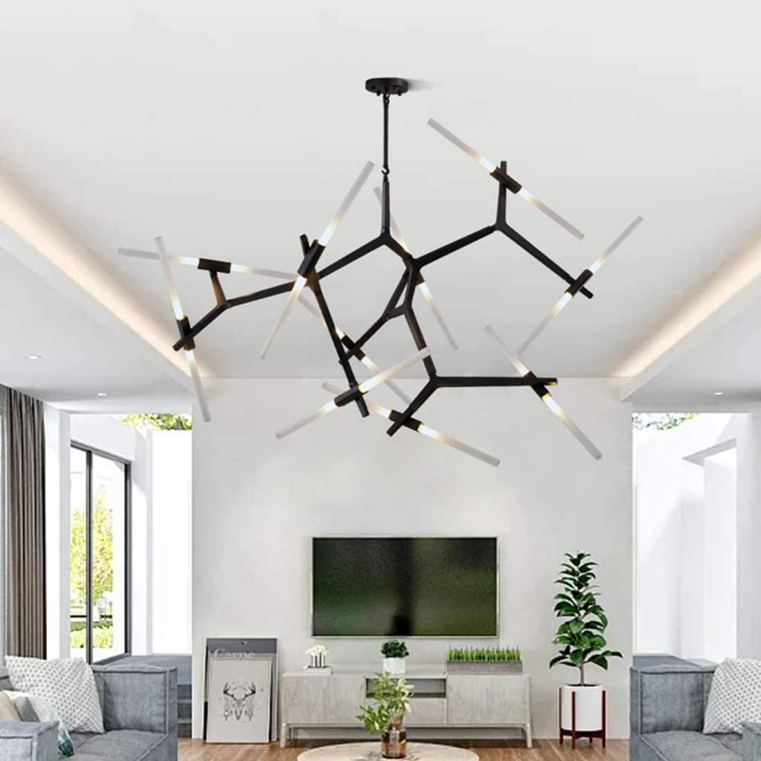 Modern Industrial LED Chandelier - 20-Light Black Metal & Glass Branch Pendant Lamp for Dining Room, Living Room - DIY Ceiling Fixture for Home Decor & Wedding Venues