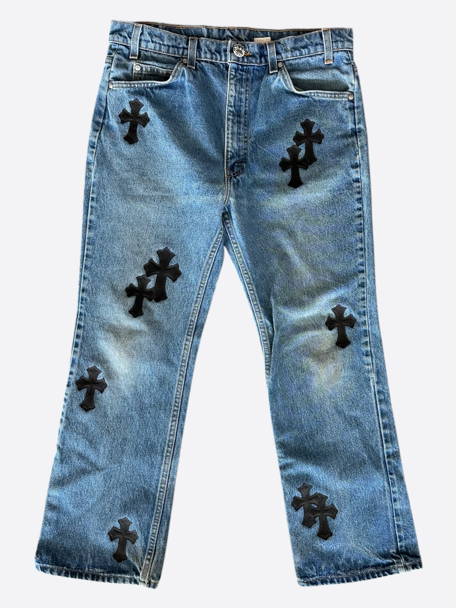 Chrome Hearts x Levi's Blue & Black Cross Patch Denim Jeans for Men - Stylish Vintage Streetwear for Casual Outfits & Night Out