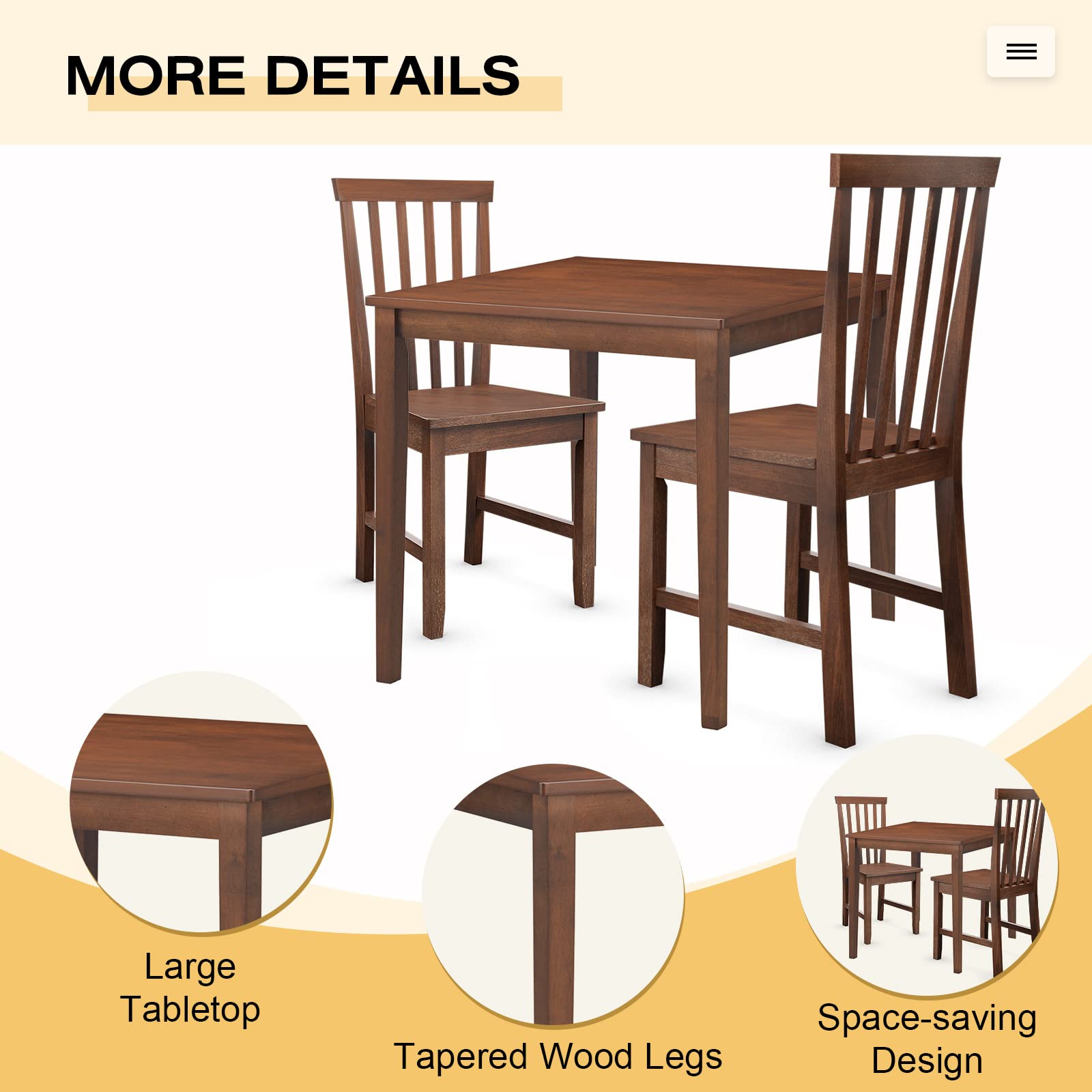 Giantex 3-Piece Wood Dining Table Set for 2, Rustic Square Kitchen Table with 2 Chairs, Walnut Finish Dinette Set - Perfect for Small Spaces, Breakfast Nooks, and Cozy Dining Rooms