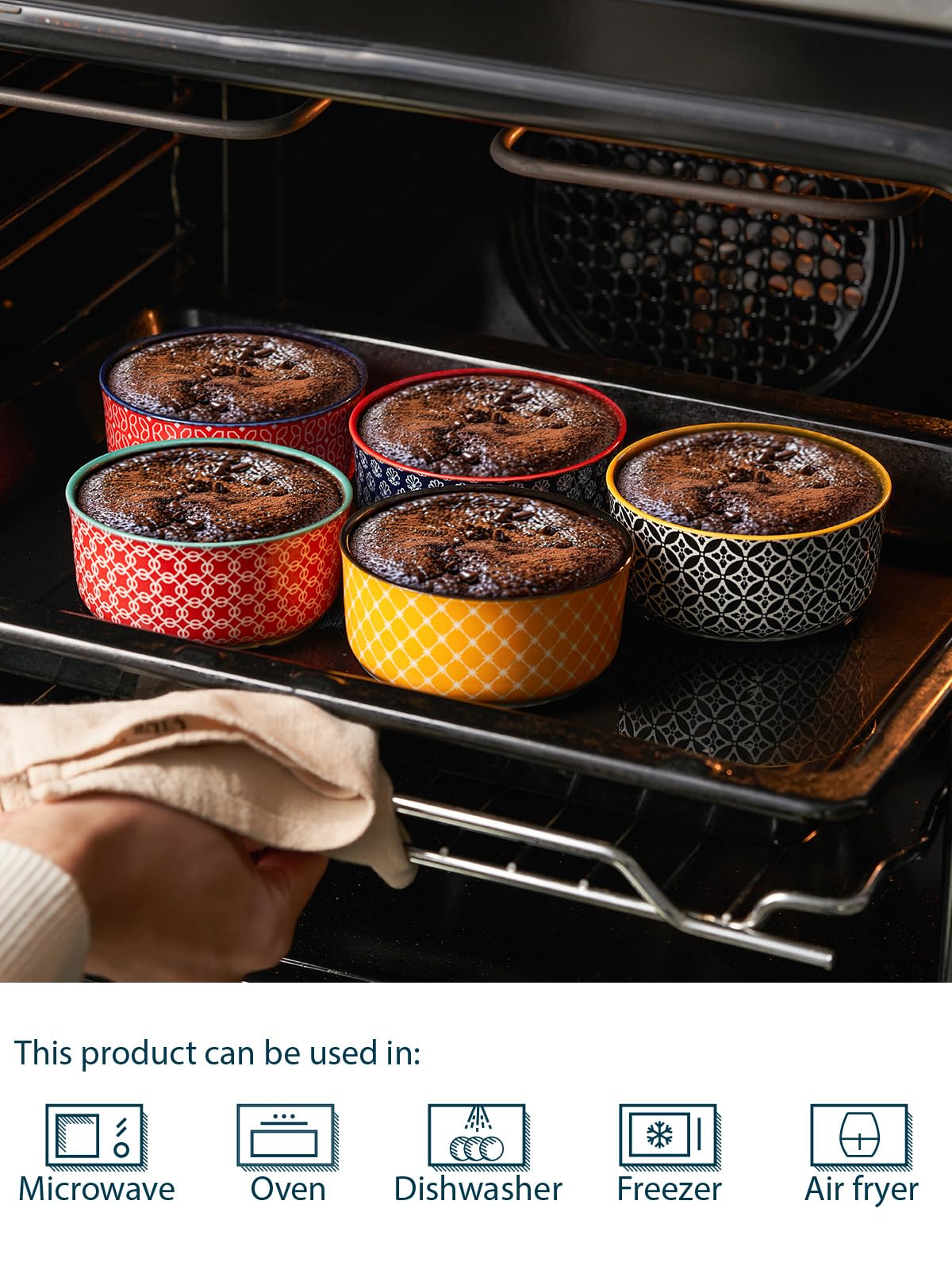 DOWAN 6 oz Ceramic Ramekins with Lids - Oven Safe Baking Dishes for Creme Brulee, Souffle, Custard, Pudding, Ice Cream - Set of 6 Vibrant Color Mini Bowls - Perfect for Desserts, Dips & Party Serving