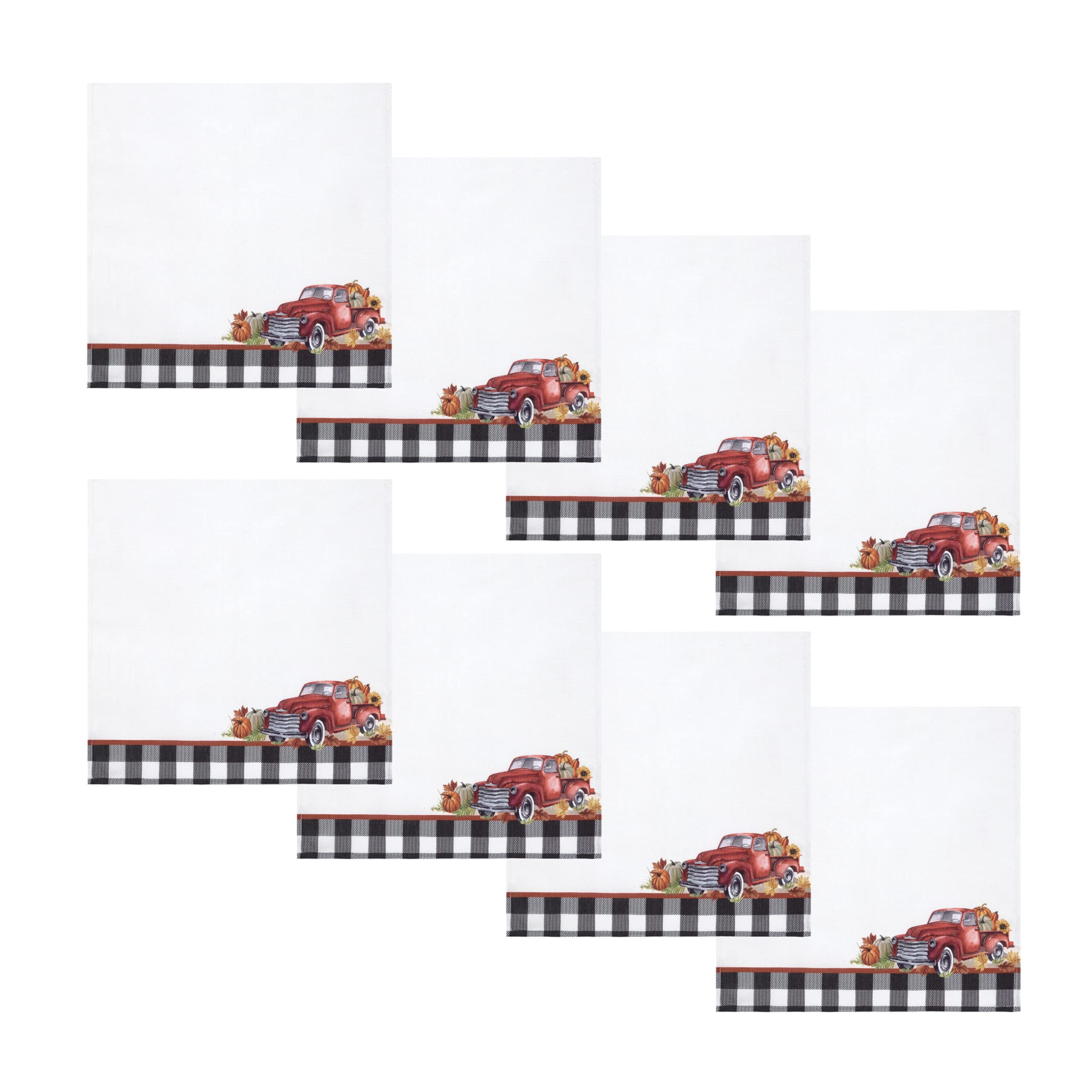 Newbridge Thanksgiving Autumn Farm Truck Gingham Bordered Fabric Placemats - Set of 4 Fall Pumpkin Harvest Barn Print Table Mats - Washable & Durable for Holiday Dinner, Banquet & Home Decor