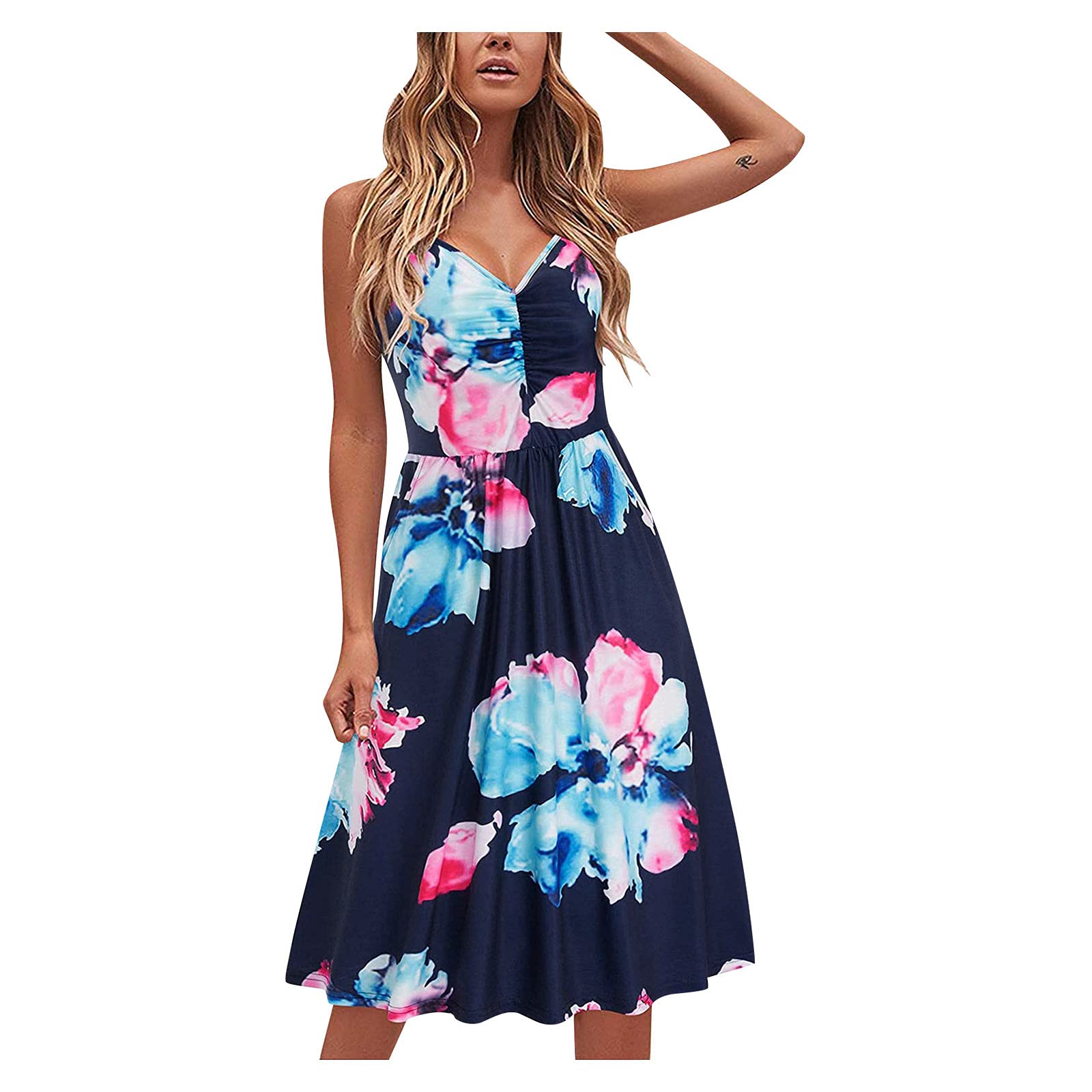 Smooto Women's Floral Print Sleeveless Halter Neck Mini Dress - Deep V Neck Backless A-Line Sundress for Summer, Beach, Party & Vacation (Navy, Size L) | Casual Short Dresses for Women