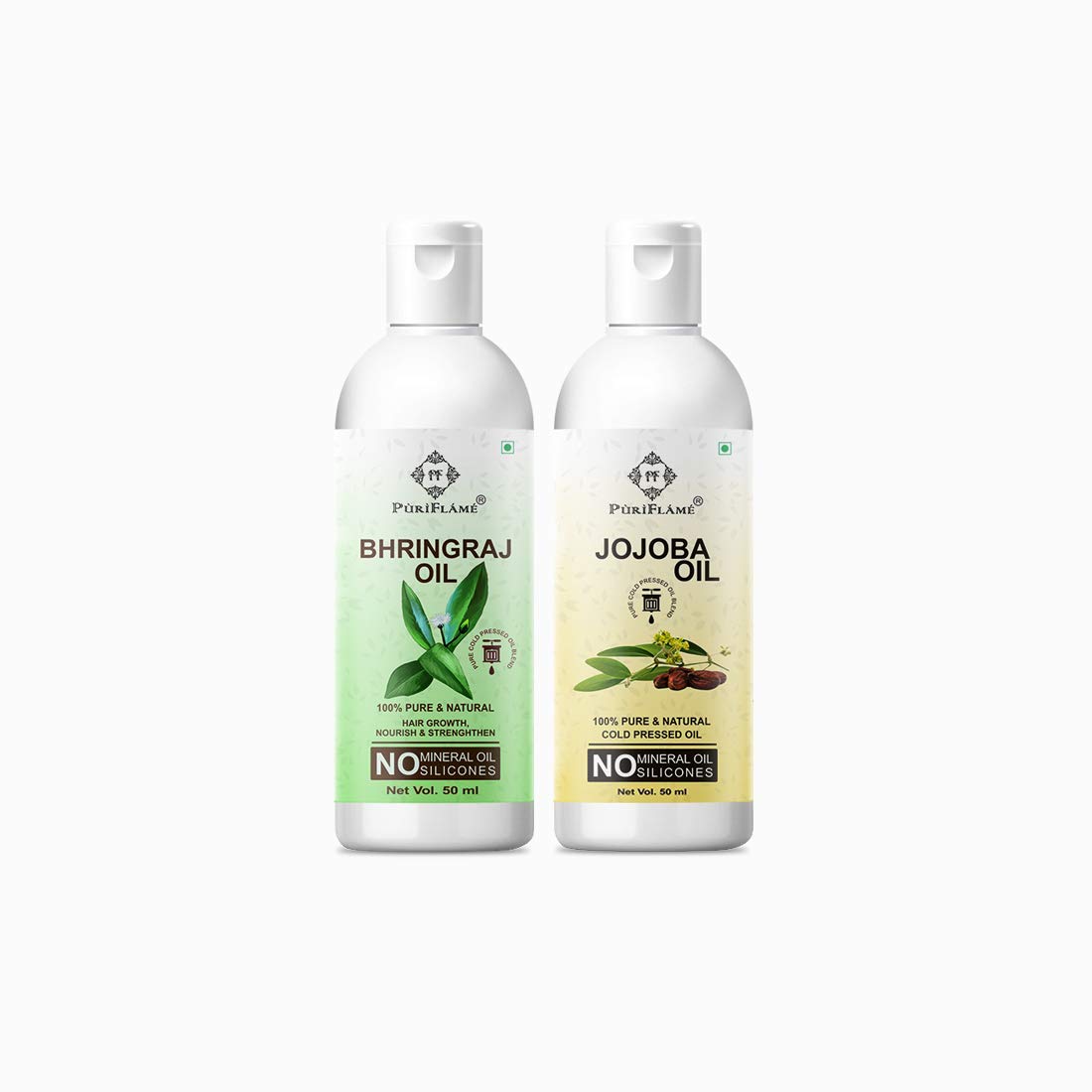 PuriFlame 100% Pure Bhringraj Oil & Jojoba Oil Combo (50ML Each) - Natural Hair Growth Treatment for Thicker, Stronger Hair | Reduces Hair Fall & Split Ends | Promotes Soft, Shiny Hair | Perfect for Daily Hair Care & Scalp Massage (Pack of 2)