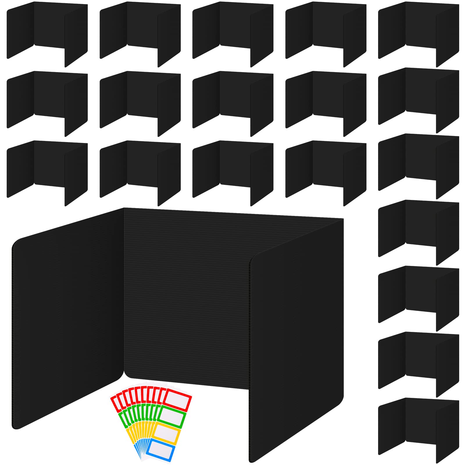 20-Pack Black Plastic Classroom Privacy Boards for Student Desks - 14 x 17.3 x 14 Inch Foldable Test Dividers & Study Shields with 40 Colorful Name Labels - Reduce Distractions for Focused Learning in Schools & Homeschooling