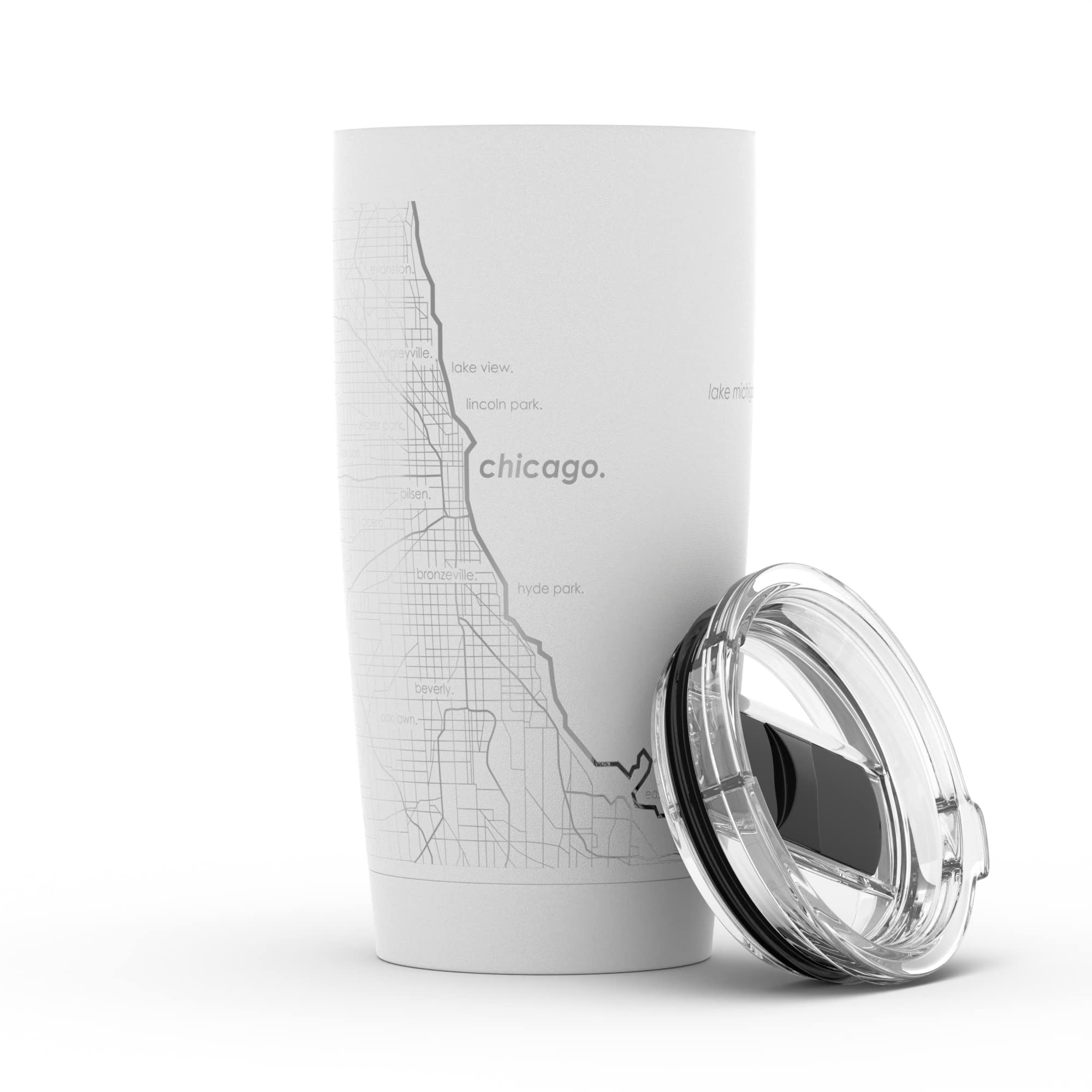 Engraved Chicago Illinois Map Insulated Coffee Tumbler - 20oz Stainless Steel Travel Mug with Etched City Design, White - Perfect for Office, Commuting & Outdoor Adventures