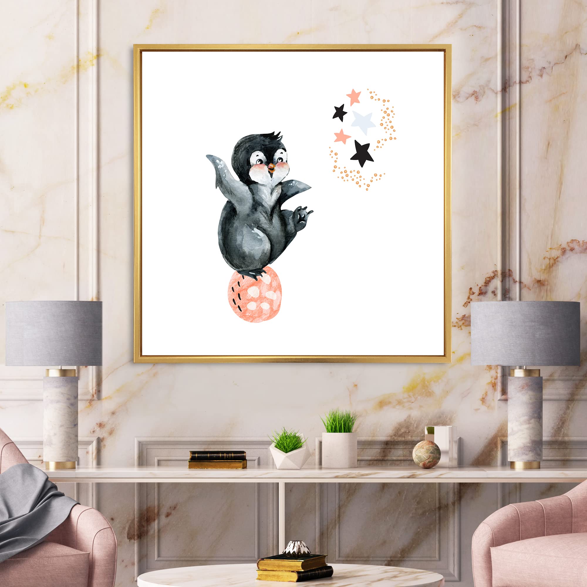 DesignQ Little Penguin With Stars and Planets II - Framed Canvas Wall Art Print for Nursery, Kids Room Decor, Farmhouse Style Home Decor - Perfect for Baby Shower Gifts & Children's Bedroom