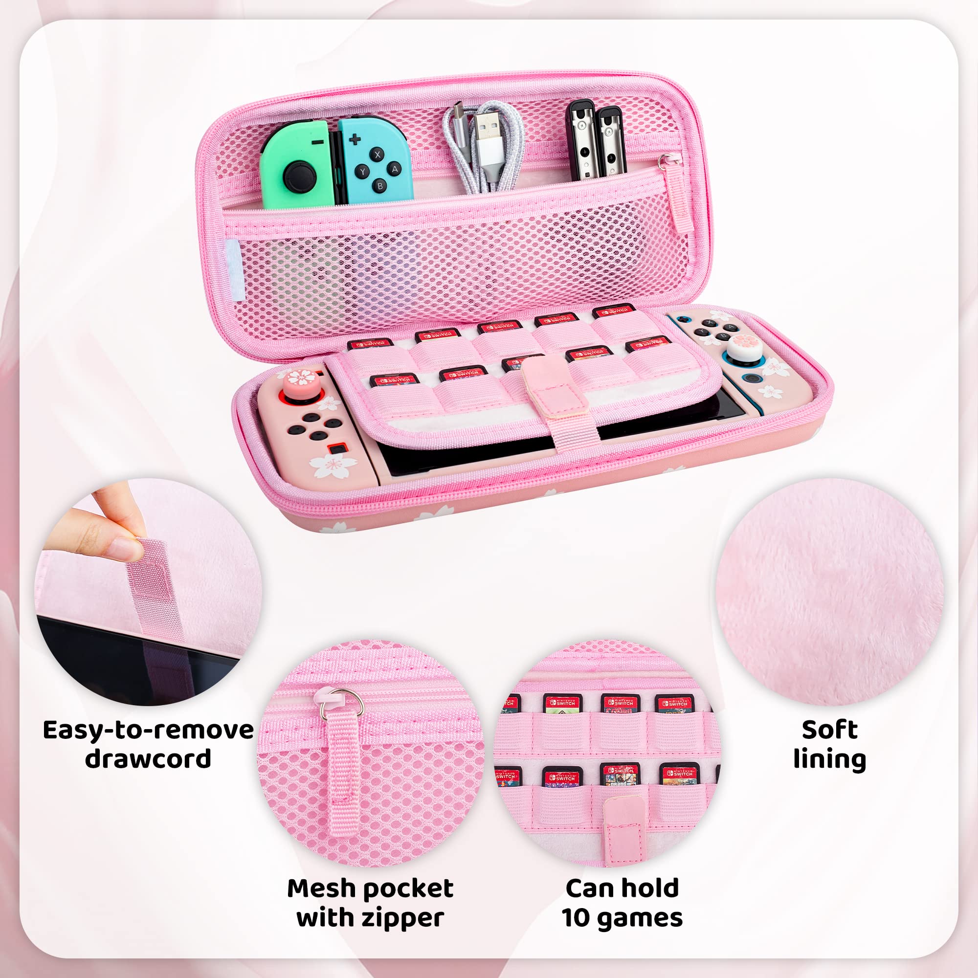 RHOTALL Dual-Tone Cherry Blossom Nintendo Switch Carrying Case - Portable Storage Bag with Protective Cover, Screen Protector, Adjustable Shoulder Strap & 2 Thumb Grips - Perfect for Travel, Gaming Parties & Switch Accessories Organization